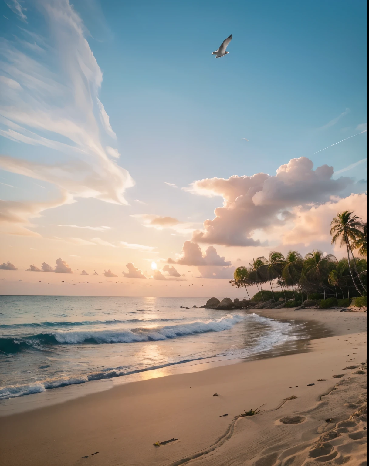 (extremely detailed CG unity 8k wallpaper,masterpiece, best quality, ultra-detailed) An absolutely mesmerizing sunset on the beach, with a mix of orange, pink, and yellow in the sky. The water is crystal clear, gently kisses the coast, and the white sand is endless. The scene is dynamic and breathtaking, with seagulls soaring high in the sky and palm trees swaying softly. Immerse yourself in the calm atmosphere and let the serenity surround you.