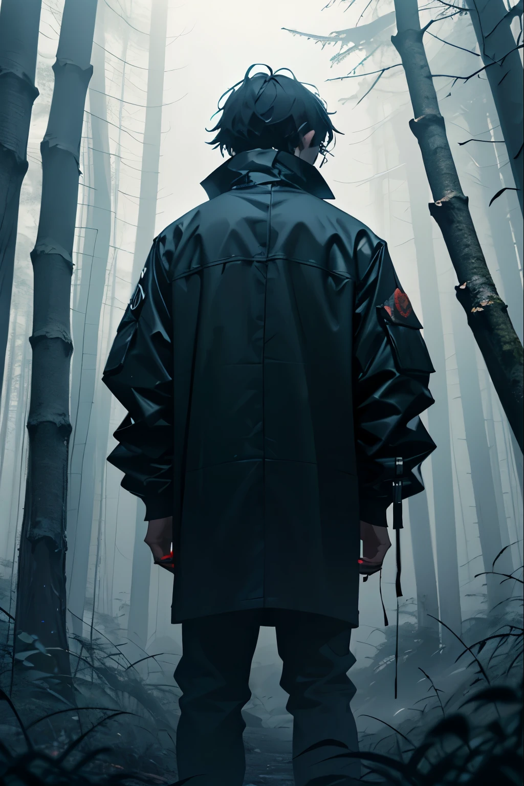 the guy is standing with his back to the camera, full height, standing, grunge clothes,gloomy fir forest,light fog, cinematic, dark colors, horror,masterpiece, high detail,8kt