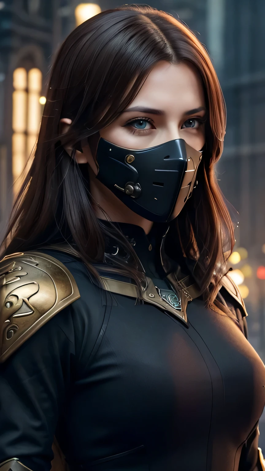 close up of face､masterpiece,  最high quality, , (alone), 1 girl, look up, dim light, , horizon_(apex legend), goggles, black eye, brown hair, gauntlet, armor,  (Wearing a decorated helmet), (science_fiction), outdoors, street, neon light, cyber punk, masterpiece, 最high quality, high quality, High resolution, close up of face
