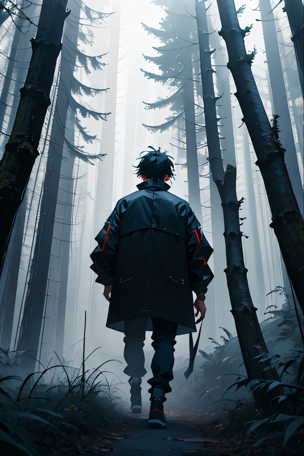 the guy is standing with his back , full height,walking, grunge clothes,gloomy fir forest,light fog, cinematic, dark colors, horror,masterpiece, high detail,8kt