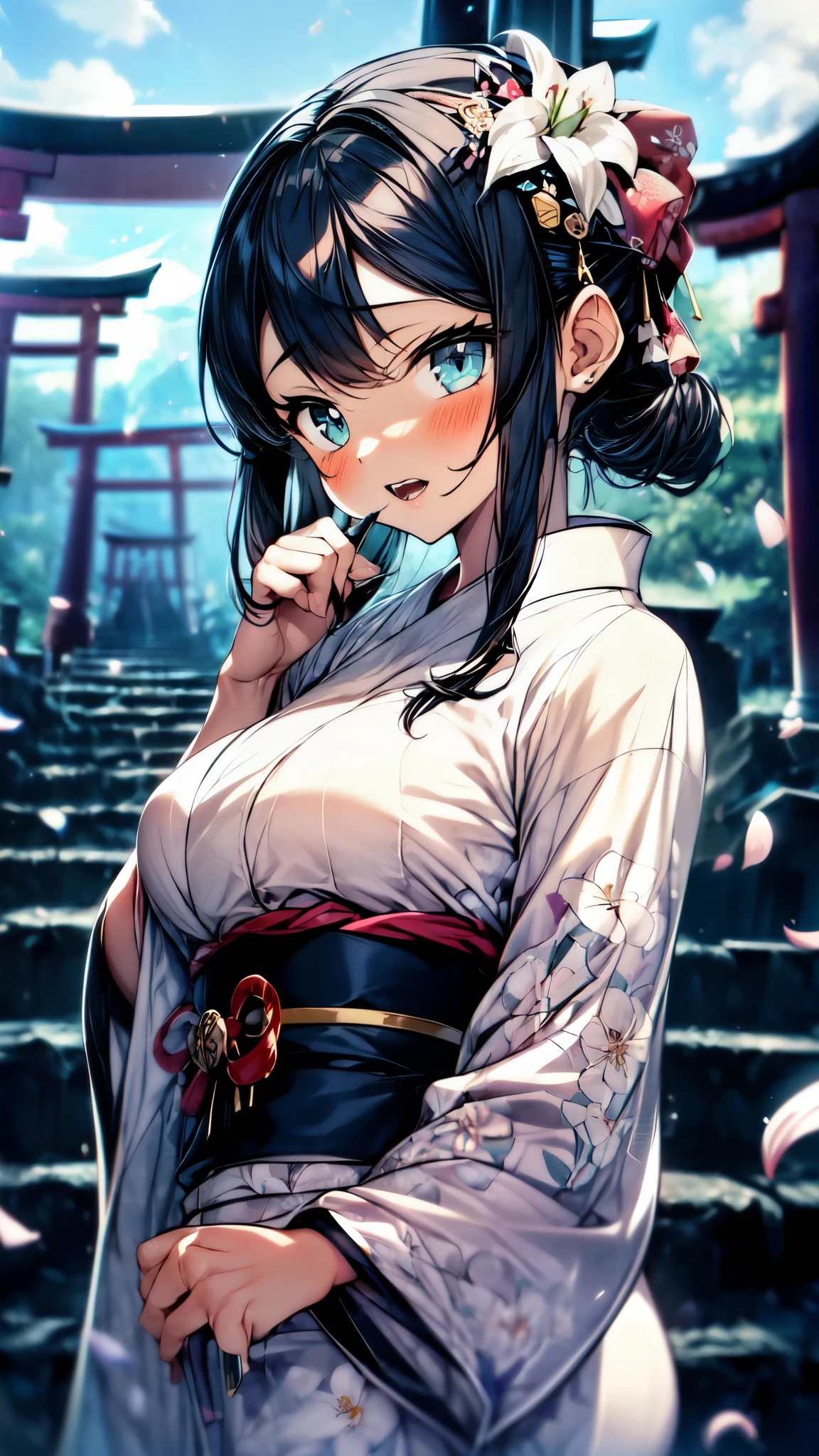 (A 7--old l: 1.2), (a very sm changes, (alone), (small breasts), (wide angle), (white lilies), original photos, aesthetics, complexity, victory, control enhancement, contrast between light and dark, best quality, detailed background, (Ooth atmosphere: 1.2) (cloudy sky) (((a girl wearing a cotton kimono: 1.2), large cotton kimono, cotton kimono, long kimono sleeves, best wrinkles, true wrinkles, best shadows, (passing through a misty dark Zen garden), (real location), exquisite and beautiful eyes, casual gestures Detailed texture, posture, (dissecting the correct body, detailed face (with very detailed texture and floral patterns), (black hair), thick hair, hair accessories, Komono, kimono, heart, outdoor activities, pagoda, petals, blue kimono, belt, shrine, sky pornography, stone staircase, Torii, wide sleeves, yukata, (cloudy, Ooth)