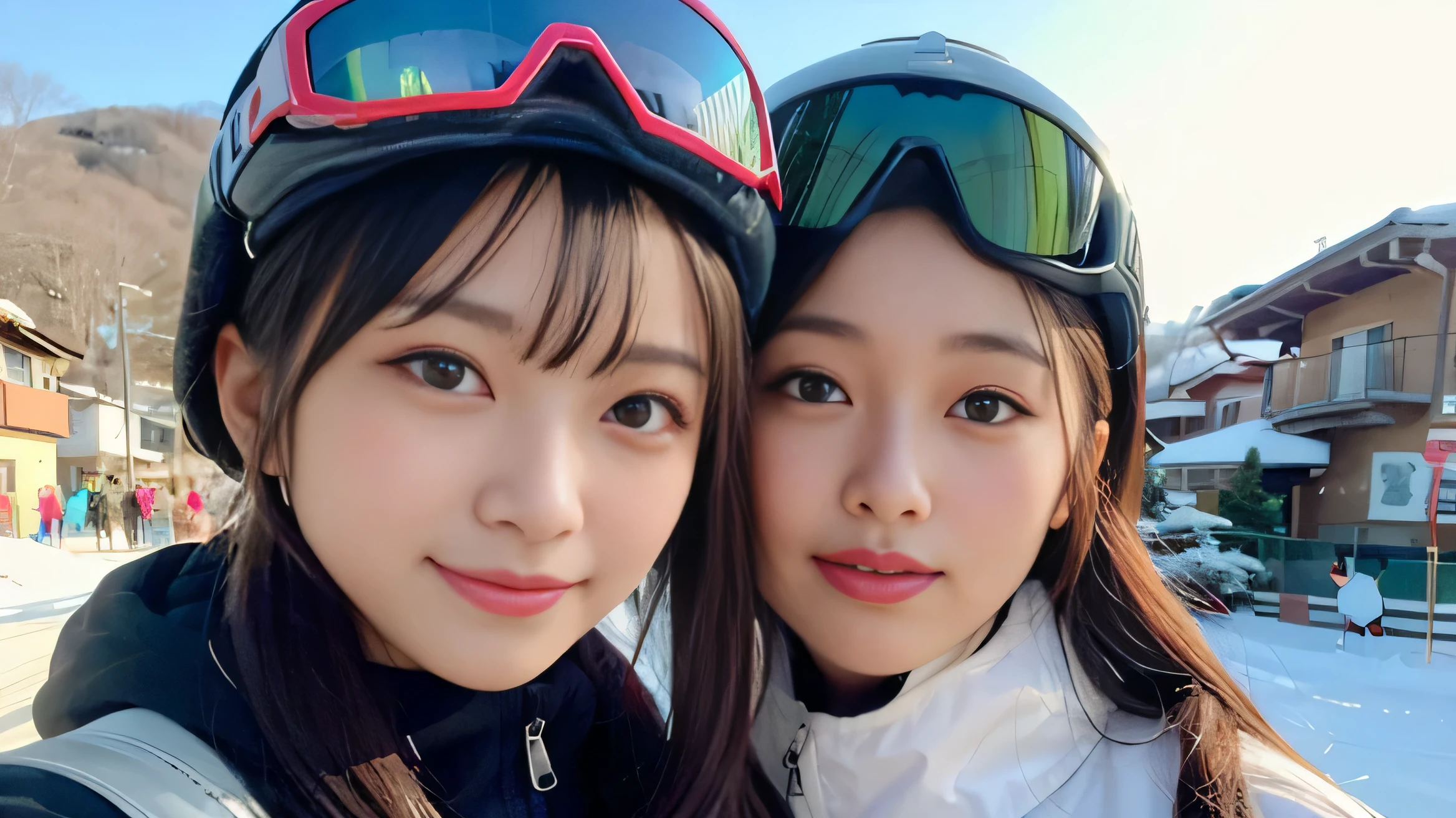 Japanese college student, a picture of 2 women, highest quality, shape, Super detailed, finely, High resolution, 8k wallpaper, 完璧なダイナミックな構shape, beautiful and detailed eyes, natural lip, whole body,((ski helmet))(((The background is a ski resort)))(((wear ski wear)))(((gentle smile)))((upper body image)))
