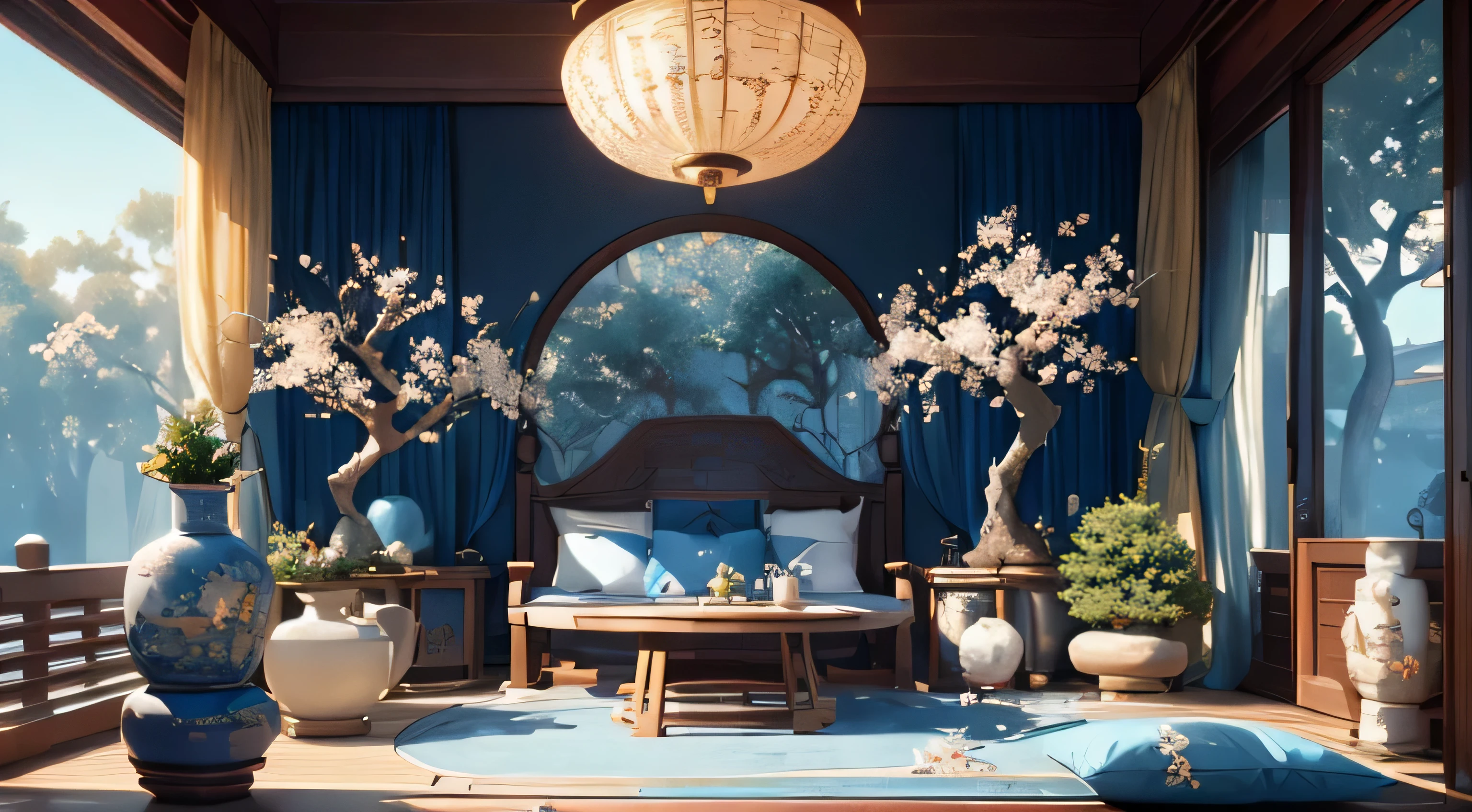 (antique interior design), Chinese home furnishings, round porch, depth, symmetrical design, ((antique carved door beams, carved beam paintings, tables and chairs, bonsai, vases, porcelain, trees, flowers, Chinese lamps, embroidery, screens, beds, cushions, blue sand curtains)), exquisite home, rich details, ancient Chinese Ming Dynasty style, quiet and elegant atmosphere, blue tones as the keynote, exquisite and soft painting style, cinematic lighting effects, HD picture quality, soft light, Tyndall effect, dreamy, rich details, Reference Gu Kaizhi, 32k, high quality, high resolution, (very detailed CG unity 8k wallpaper)