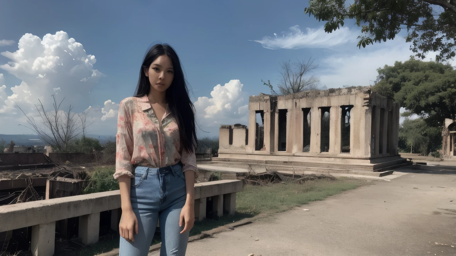 Thai Woman, look at viewer, long hair, shirt, jeans, cloud, day, sky,outdoors, post-apocalypse, ruins, scenery, tree, water,