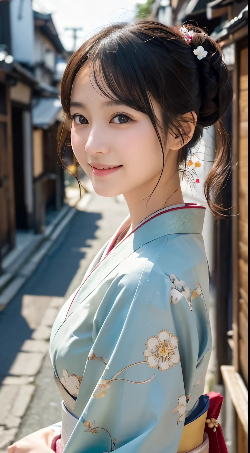 professional lighting,(Photoreal:1.4), (Top image quality:1.0), (超A high resolution:1.0), 8k, Raw photography, (masterpiece:0.2), (Pueros face_v1:0.5)、(最高quality Detail:1.2)、realistic、8k UHD、High resolution、(1 girl:1.2)、超detailedな、High quality textures、intricate details、detailed、Very detailed CG、High quality shadows、detailed 美しく繊細な顔、Beautiful details and delicate eyes、(symmetrical eyes:1.2),Depth of the bounds written、ray tracing,1 girl, japanese girl, (natural smile:1.4),cute, thin, Portrait of a beautiful Japanese woman wearing a kimono, Standing elegantly on a street corner in Kyoto. A kimono with bright traditional patterns, Hair decorated with an elegant and delicate hairpin, and a gentle expression. (Against the backdrop of the old streets of Kyoto:1.4)、soft light on a spring afternoon、adds tranquility to the scene. Rendered in a realistic style with great attention to detail, High resolutionの画像.sky porn, magic hour, (realistic:1.3), finely, quality, (table top:1.2), (realistic:1.2), (最高quality), (複雑なdetailed), dramatic, ray tracing, photograph, +roller