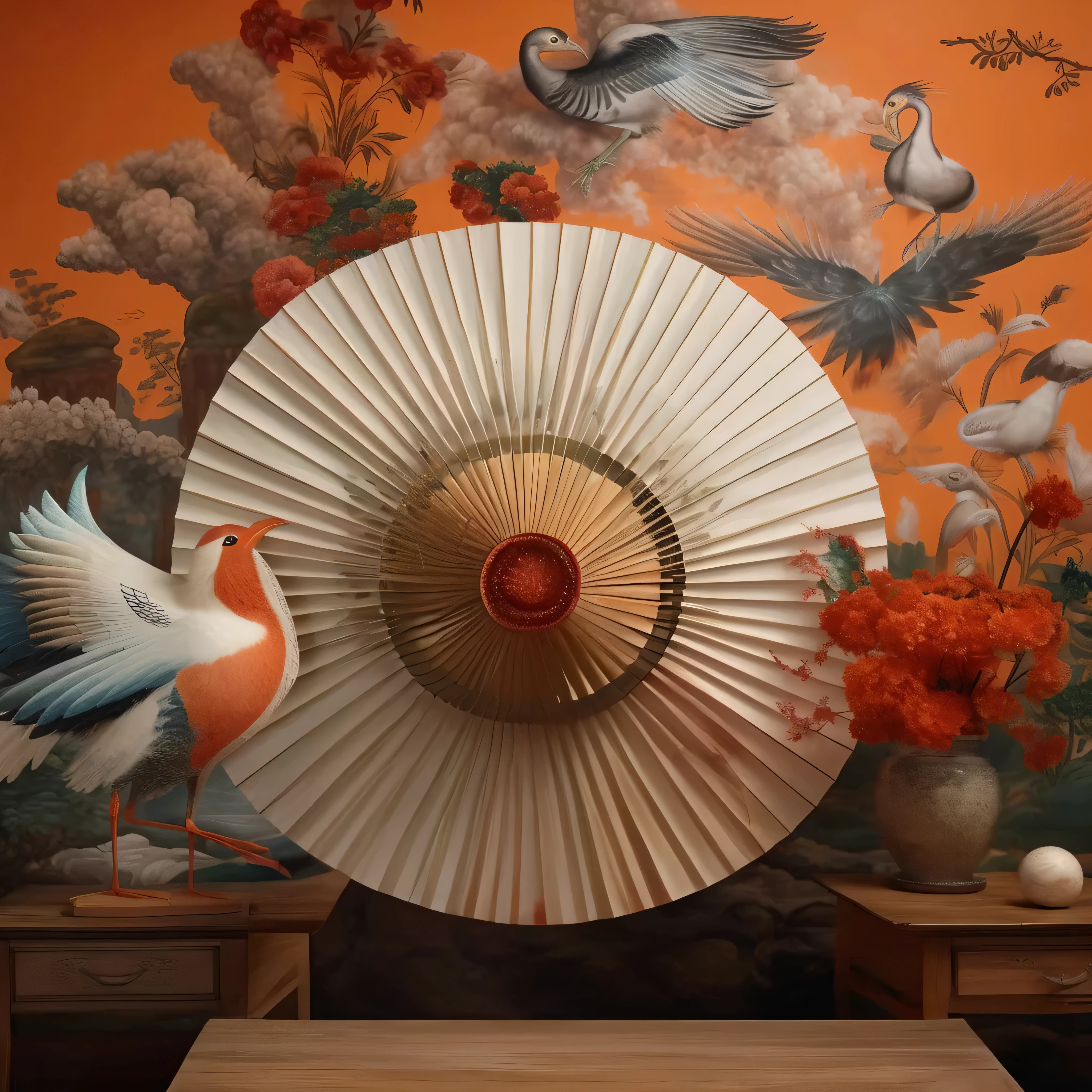 There is a big paper umbrella，There is a bird on it, Inspired by Yukimura Ohara, Inspired by ancient Ohara villages, Inspired by Tosa Mitsunobu, korean artist, Inspired by Kanoninming, Sergey Krasovsky, Japanese crane bird in center, Maxim Sukharev, Inspired by Kano Gengxin