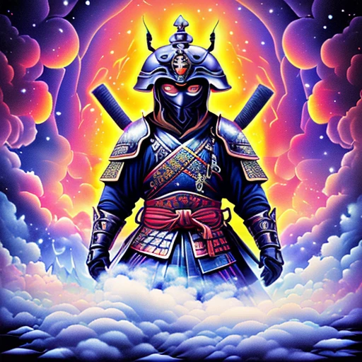 ULTRA HIGH DEFINITION, 16k, 1080P, fog, clouds and smoke all around, colorful festive, highly detailed gaudy, super resolution, Unreal 5, subterranean scattering, PBR textures, post-processing, anisotropic filtering, depth of field, maximum clarity and sharpness , multilayer textures, Japanese art, (ZOJO TEMPLE IN SNOW, SHIBA, samurai man, TWO swords, samurai helmet, samurai mask), full body, attention to detail, Japanese art style, inspired by Toyohara Kunichika
