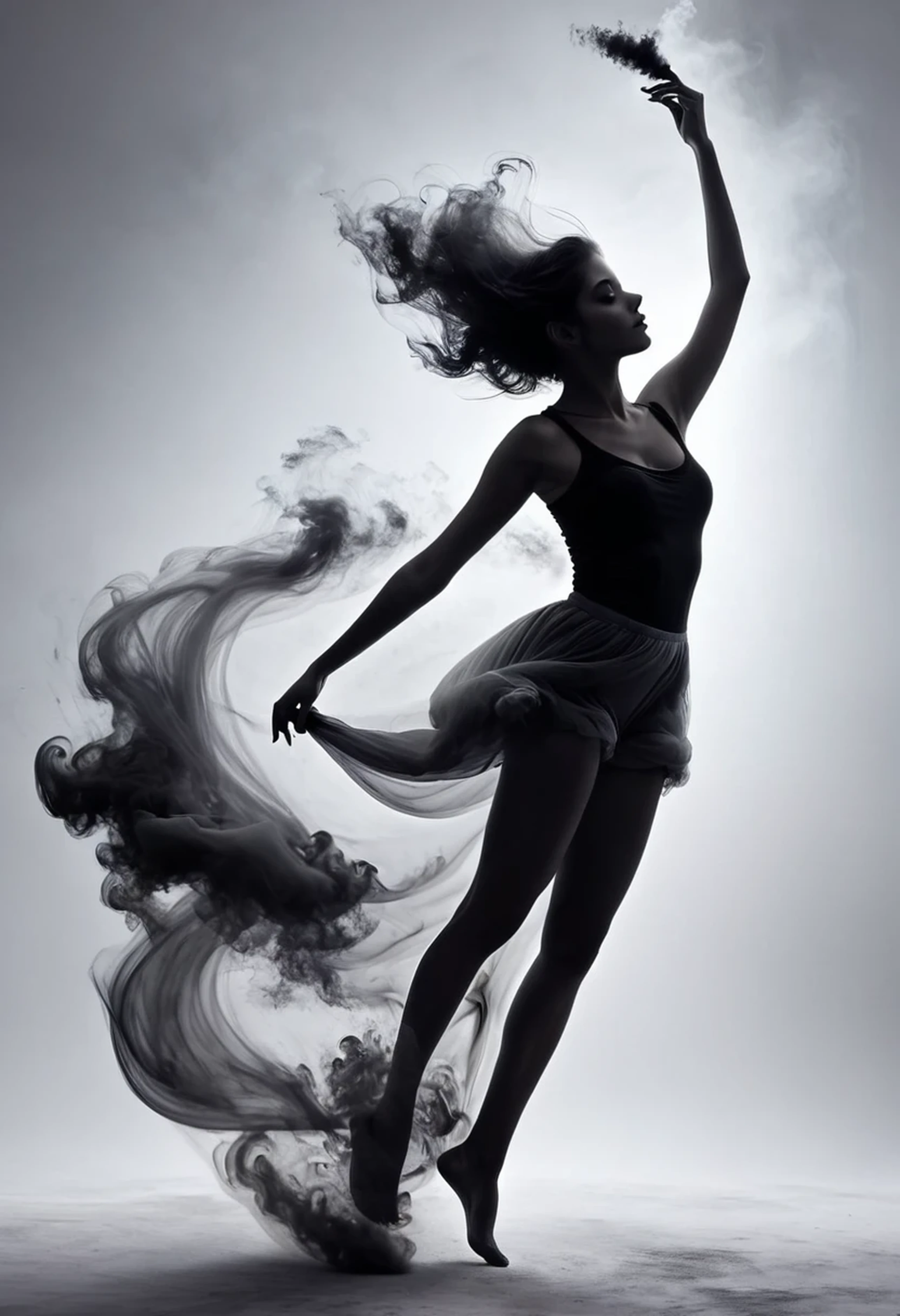 Smoky Art, girl, smoky girl, gray dark silhouette of a girl floats in the space between the top and bottom and represents a smooth transition between a white background and a smoky silhouette of a girl, gray smoke descends and forms a silhouette of a girl, gray smoke in the form of a silhouette of a girl connects the top and bottom, smoky psychedelic art, winner of the international smoky competition Painting, upskirt