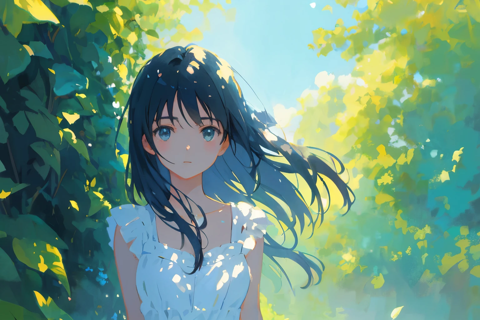 Create exquisite illustrations reminiscent of Makoto Shinkai's style, It has ultra-fine details and top-notch quality. Generate a high-quality illustration depicting a scene of summer where a beautiful girl's hair is blowing in the wind. Ensure that the overall composition exudes a sense of nostalgia and fantasy, with intricate details capturing the essence of a nostalgic summer day. Pay attention to elements such as the gentle breeze ruffling the girl's hair, the warm sunlight casting dappled shadows, and the serene expression on the girl's face as she enjoys the tranquility of the moment. Aim for a finely crafted artwork that transports viewers to a nostalgic and whimsical summer scene. best quality, masterpiece