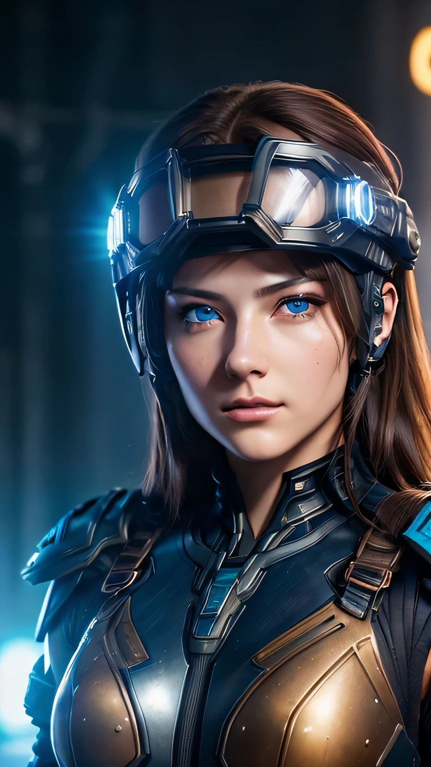 masterpiece, 最high quality, , (alone), 1 girl, look up, dim light, , horizon_(apex legend), goggles, blue eyes, brown hair, gauntlet, armor, wear a helmet, (science_fiction), outdoors, street, neon light, cyber punk, masterpiece, 最high quality, high quality, High resolution, ((close up of face))