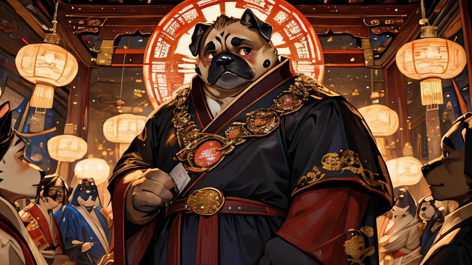 pug man,wearing dragon robe,Dong Zhuo,emperor, Chinese surrealism, fatuous, pug head, Ancient Chinese Three Kingdoms Art Style,obesity,Royal Palace background,liquor