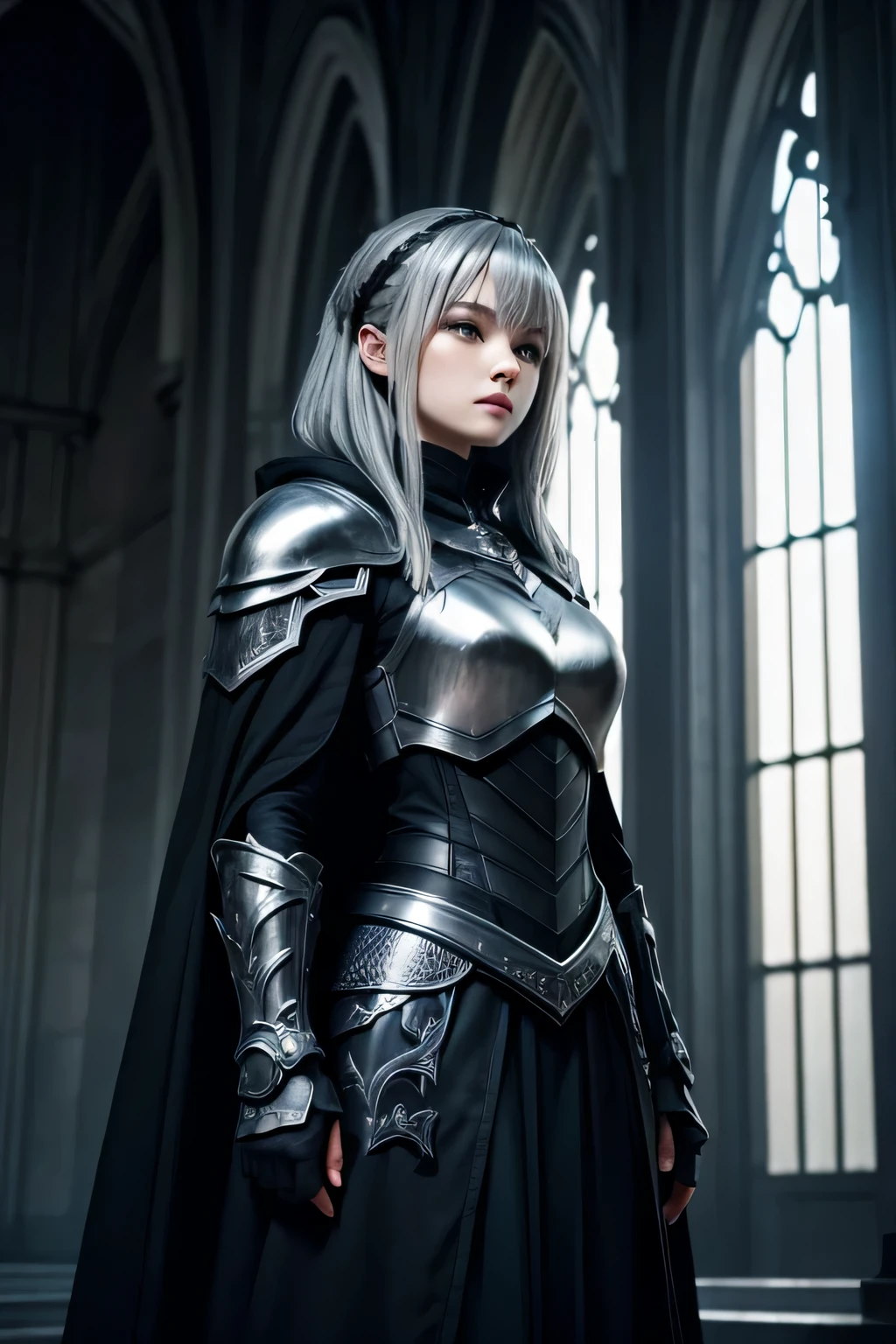 ((black helmet))、Black iron armor、black cloak、beautiful female dark knight、(((silver hair)))up style、((whole body))、(((photo taken from below)))、darkness