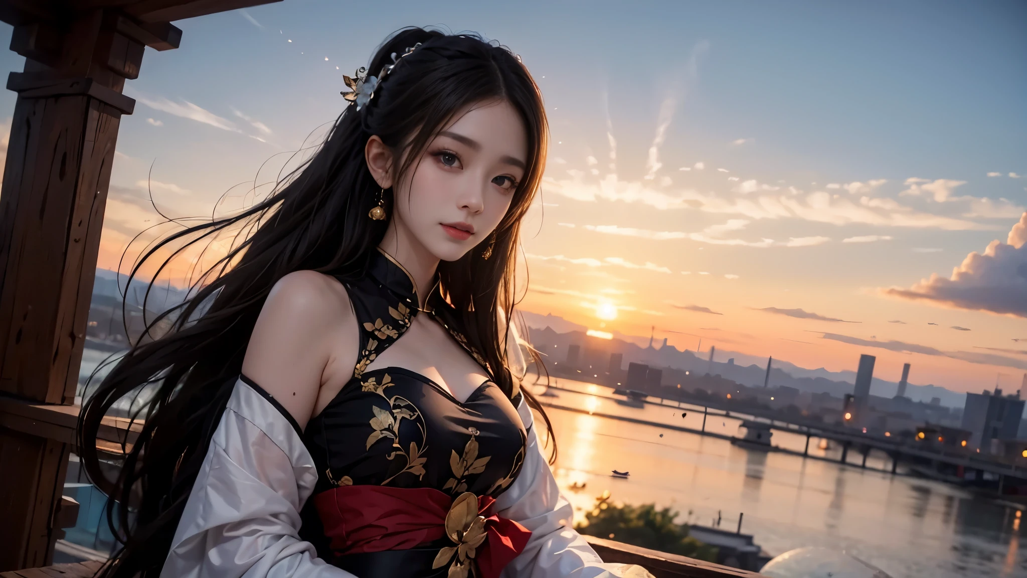 8k，Highest resolution，best quality，masterpiece，a girl，perfect face，long hair，China costume，Look at the audience with a smile，bust，from below，reed，Sky，Sunset，broken to pieces，artistic atmosphere，