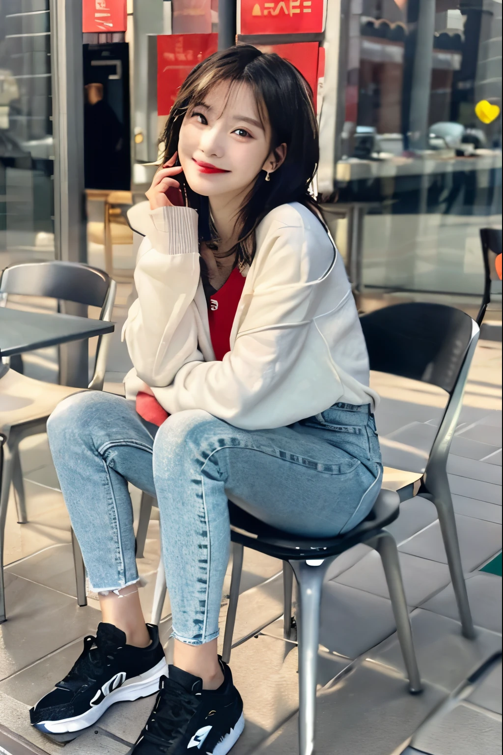 A neat and beautiful woman sitting on a park bench、black hair、hoodie、skinny denim、sneakers、socks slightly visible through shoes、refreshing smile、smiling showing teeth、full body photo、