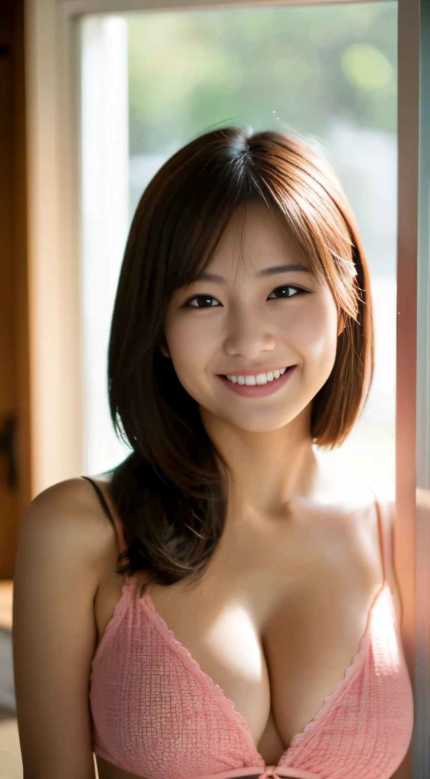 masterpiece,best quality,(Japanese girl),((Beautiful girl)),cleavage,indoor,(perfect body beauty:1.2),(shy smile),beautiful teeth,