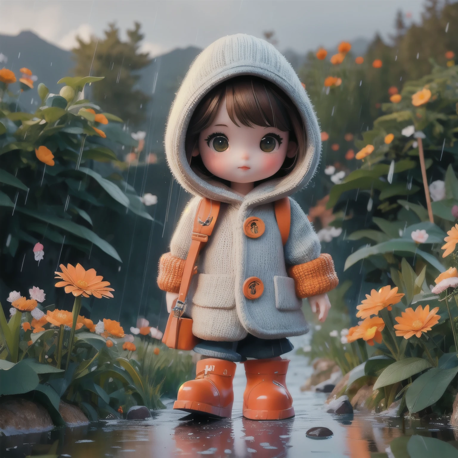 (best quality,4k,8k,highres,masterpiece:1.2),1 porcelain doll,dressed in knitted clothes,knitted sweater,fluffy texture,hooded garment,orange mini backpack,wearing blue rain boots,playing outdoors,stomping in puddles,splashing water,small flowers along the roadside,beautiful scenery，photography，Large aperture，blur background，