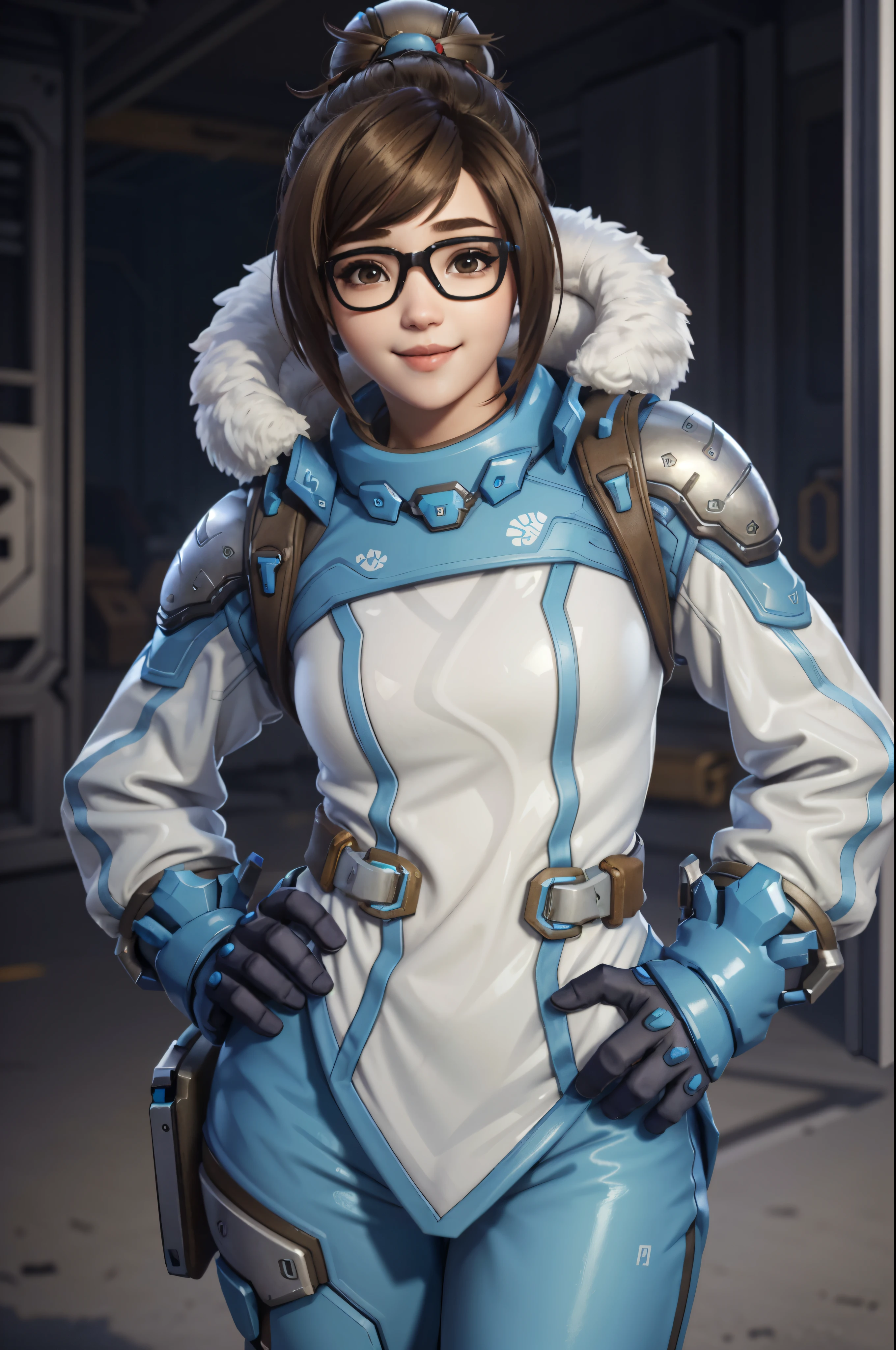 MeiOver, 1girl, mei (overwatch), glasses, brown hair, hair ornament, solo, brown eyes, short hair, smile, hair stick, lips, single hair bun, hair bun, gloves, nose, jacket, hand on hip, robot, realistic, black-framed eyewear
