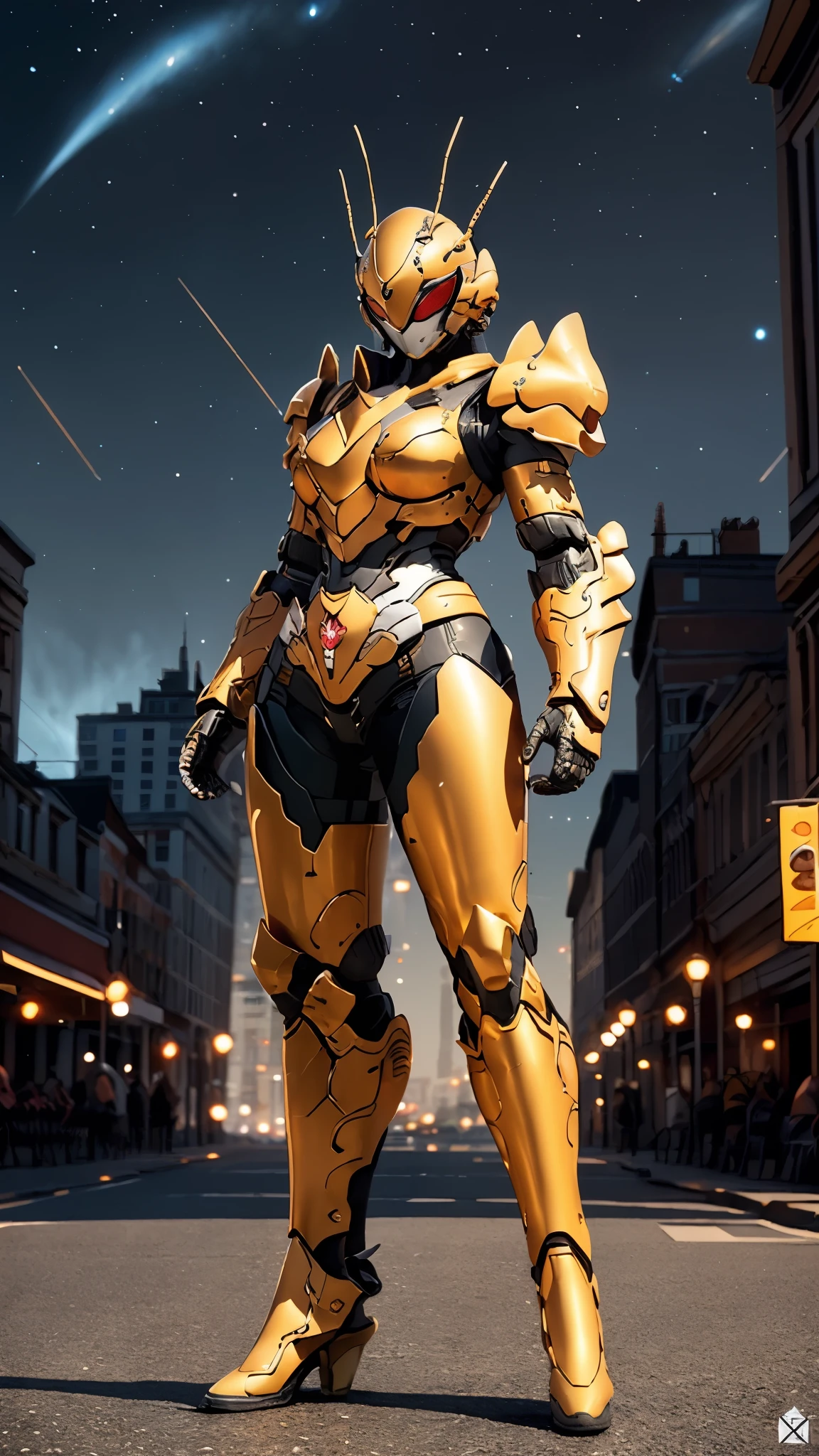 A woman adorned in fantasy-style full-body armor, a crown-concept fully enclosed helmet that unveils only her eyes, a composite layered chest plate, fully encompassing shoulder and hand guards, a lightweight waist armor, form-fitting shin guards, the overall design is heavy-duty yet flexible, ((the armor gleams with a golden glow, complemented by red and blue accents)), exhibiting a noble aura, she floats above a fantasy-surreal high-tech city, this character embodies a finely crafted fantasy-surreal style armored hero in anime style, exquisite and mature manga art style, (Queen bee mixed with Spider concept Armor, photorealistic:1.2, Real texture material:1.2), ((night sky, city night view, elegant, goddess, femminine:1.5)), Unreal Engine 5, metallic, high definition, best quality, highres, ultra-detailed, ultra-fine painting, extremely delicate, professional, anatomically correct, symmetrical face, extremely detailed eyes and face, high quality eyes, creativity, RAW photo, UHD, 32k, Natural light, cinematic lighting, masterpiece-anatomy-perfect, masterpiece:1.5