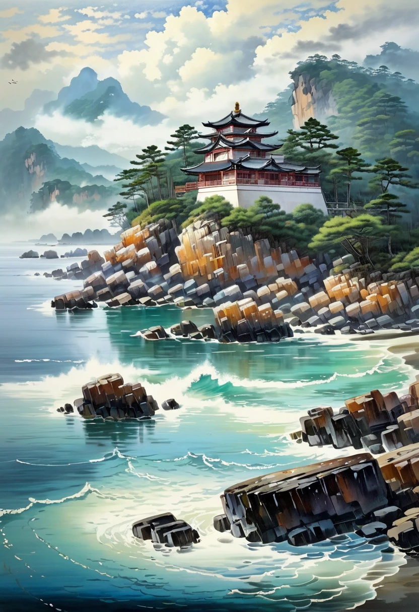 painting of a 灯塔 on a rocky shore with a cloudy sky,