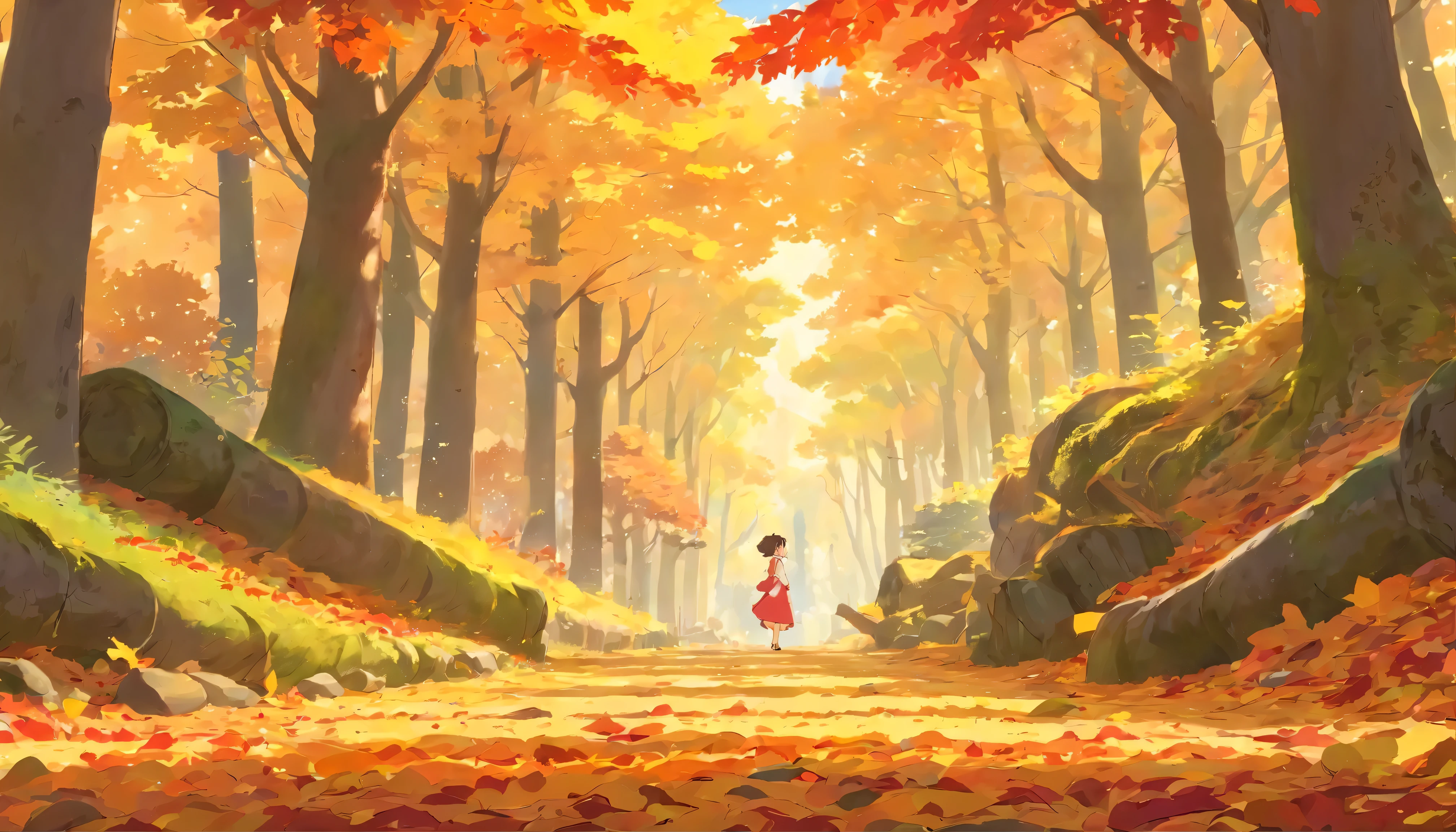 best quality,super detailed,actual,landscape,autumn,Beautiful warm colors,The sun shines through the trees,vibrant leaves,peaceful atmosphere,fresh air,subtle mist,Fallen leaves cover the ground,Sunlight shines through the tree canopy,dappled light,silence,Sturdy luggage,Majestic branches stretch out to the sky,Cascading leaves float gently in the air,Delicate autumn leaves dance in the wind,Rich bark texture,Lovely orange tones,Red,and yellow,Colorful leaves cover the forest floor,leaves rustling,Hiss,Mossy rocks and fallen logs,golden hour lights,和平peaceful atmosphere.