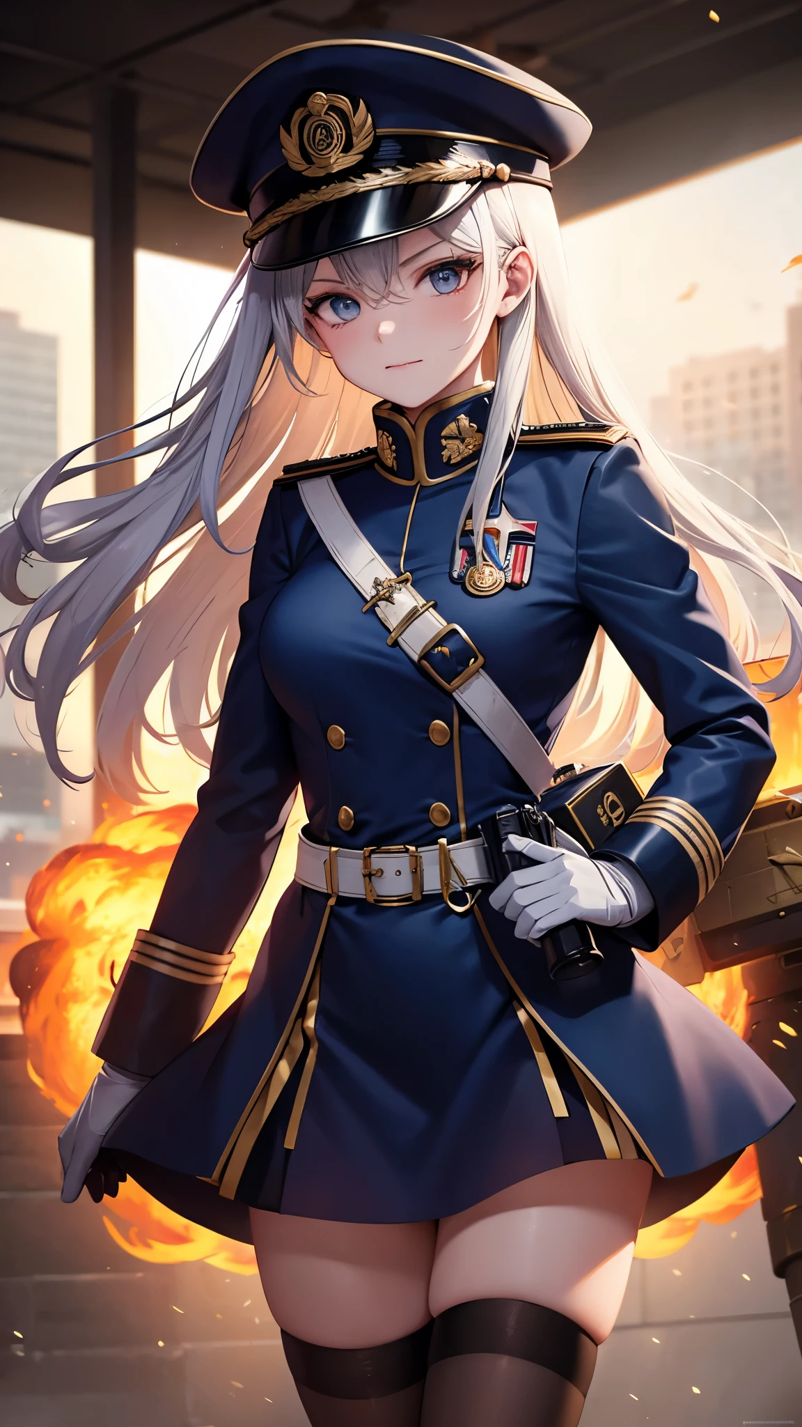 ((CG)), (Vladilena Milizé:1.2), solo character, ((point_black_handgun_at_the_viewer)), [sliver|white] long hair, grey eyes, (steely eyes), blue headwear, blue jacket, blue skirt, hat, jacket, military, military hat, military uniform, peaked cap, shirt, skirt, uniform, white shirt, white thighhighs, dust in the war ground, fire around the Middle Ages building, {meka machine is broken into pieces}, ([anime | realistic] style), cinematic lighting, ray tracing, (face repression detail), (lens flare:0.8), (fisheye:1.1), ((masterpiece)), ((super detail)), (high details), (high quality), best quality, textured skin, anatomically correct, accurate 