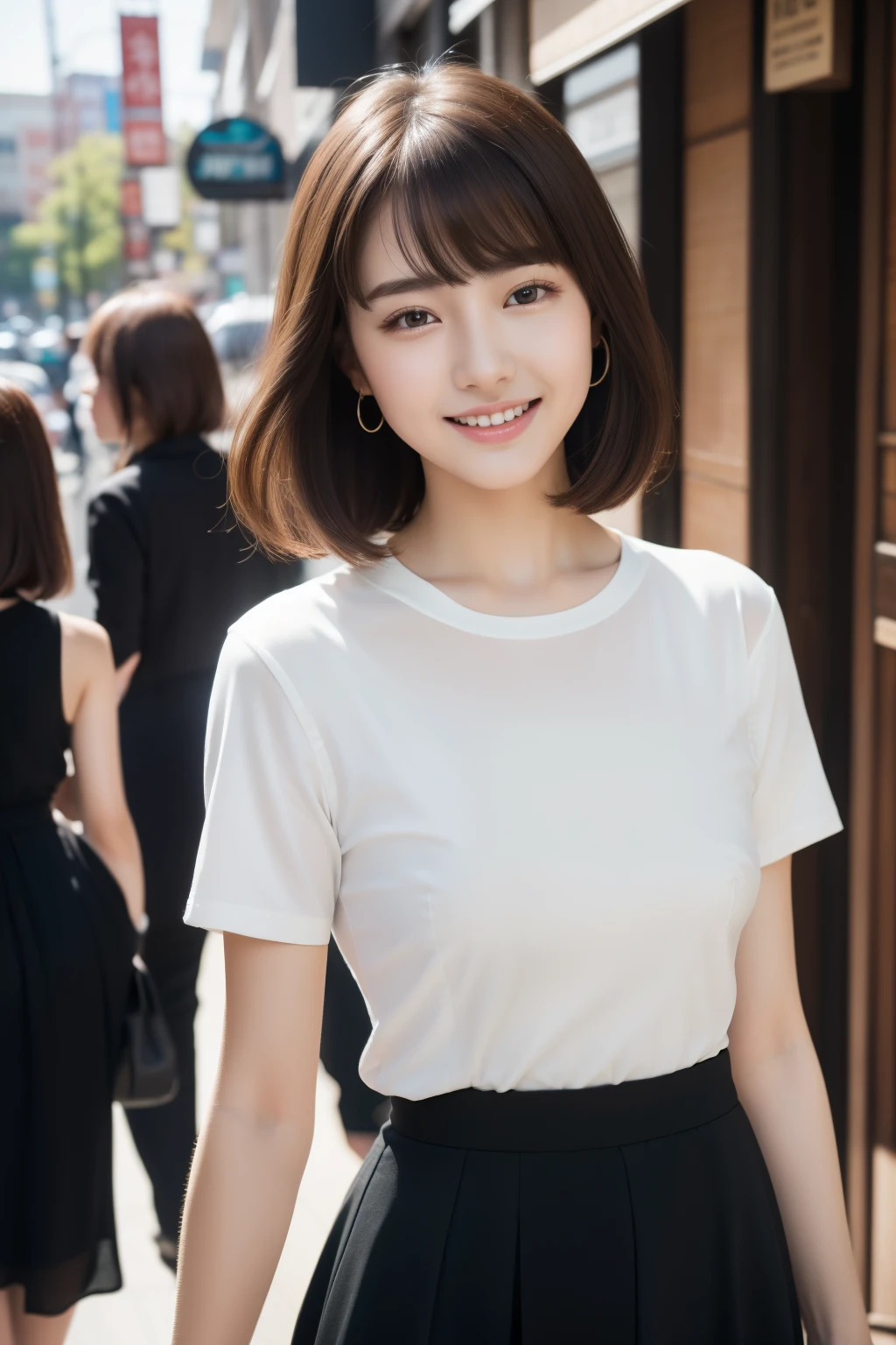 Very Short Hair Black Hair A seductive smile Skirt 40 years old Japanese Plain T-shirt G-cup breasts Surreal