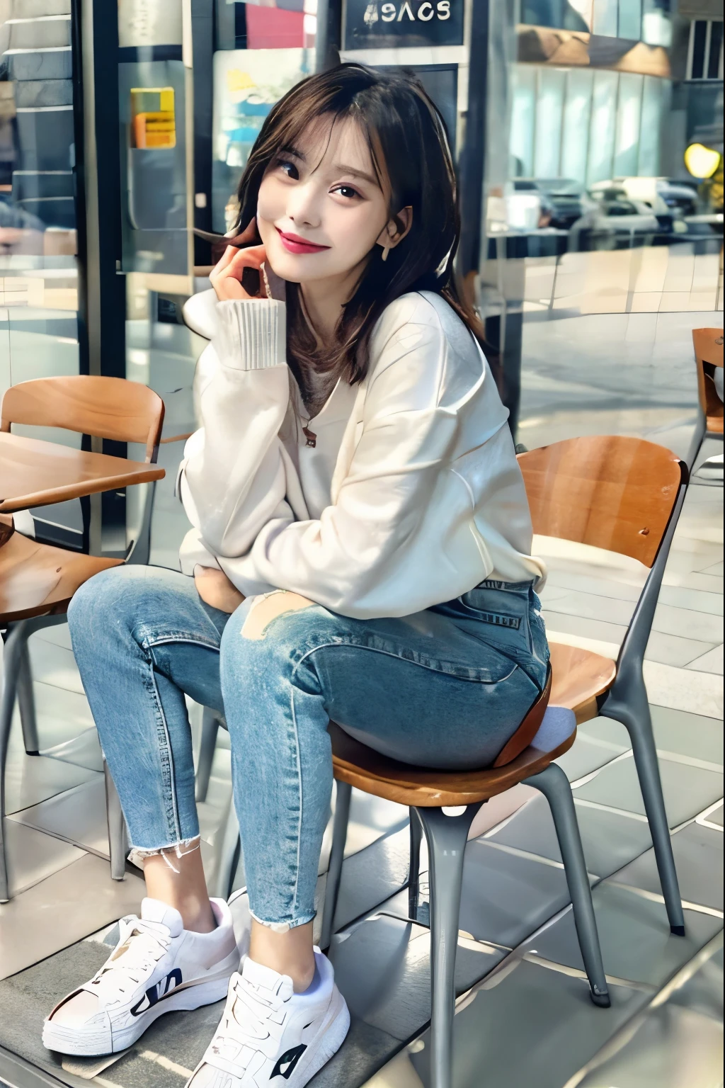 A neat and beautiful woman sitting on a park bench、black hair、hoodie、skinny denim、sneakers、socks slightly visible through shoes、refreshing smile、smiling showing teeth、full body photo