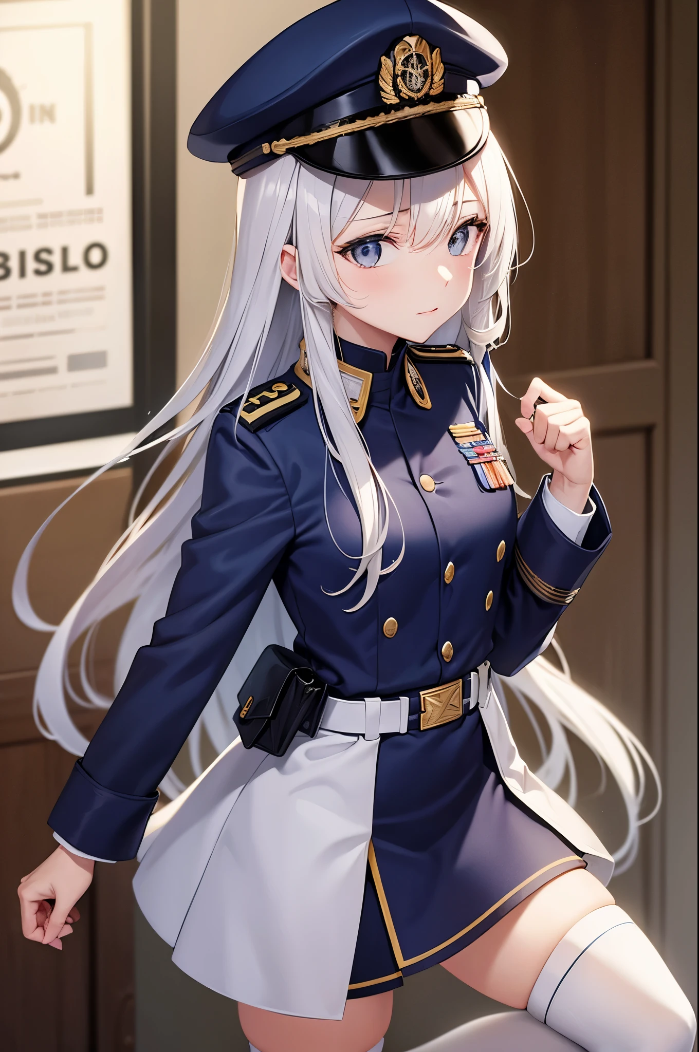 ((CG)), (Vladilena Milizé:1.2), solo character, (point_handgun_at_the_camera), [sliver|white] long hair, grey eyes, (steely eyes), beautiful eyes, blue headwear, blue jacket, blue skirt, hat, jacket, military, military hat, military uniform, peaked cap, shirt, skirt, uniform, white shirt, white thighhighs, dust in the war ground, ([anime | realistic] style)