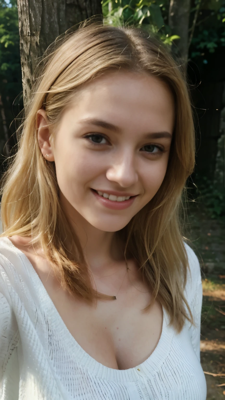 photorealistic, best quality, hyper detailed, beautiful pale light-blonde 21-year-old woman, selfie photo, upper body, wearing a white sweater with cleavage, small breasts (flat chested), solo, athletic body, figure, outdoors, sun-kissed face, pretty face, (smiling with braces visible), February weather, rural, real life nature, (cheerful, happy, smiling) analog style, looking at viewer, skin texture, film grain, close up, ultra high res, best shadow, RAW, instagram LU