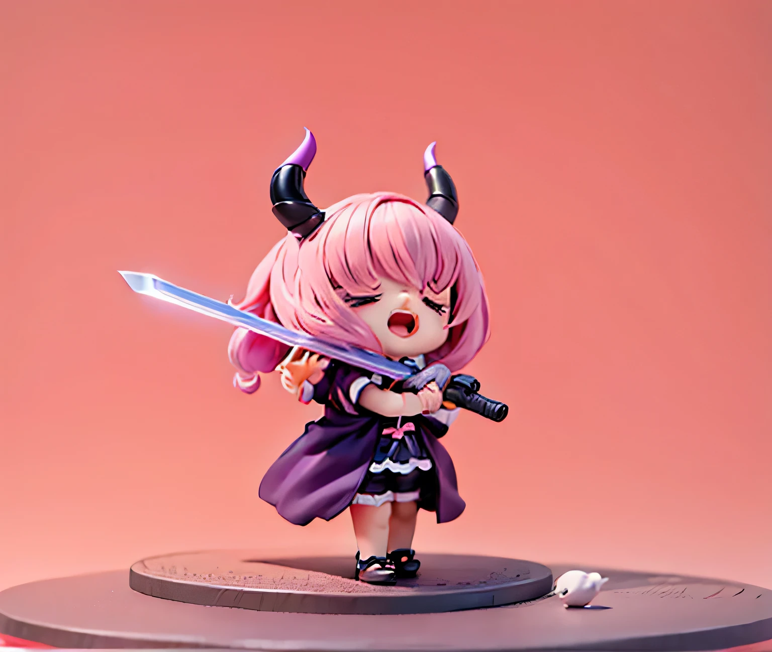 Blind box toy style, a cute little girl, open mouth, No nose, clean face, cute face, Burial of Fulian Reiki, pink violet hair, black clothes, bare shoulders, , with sword, There are light brown horns on the head