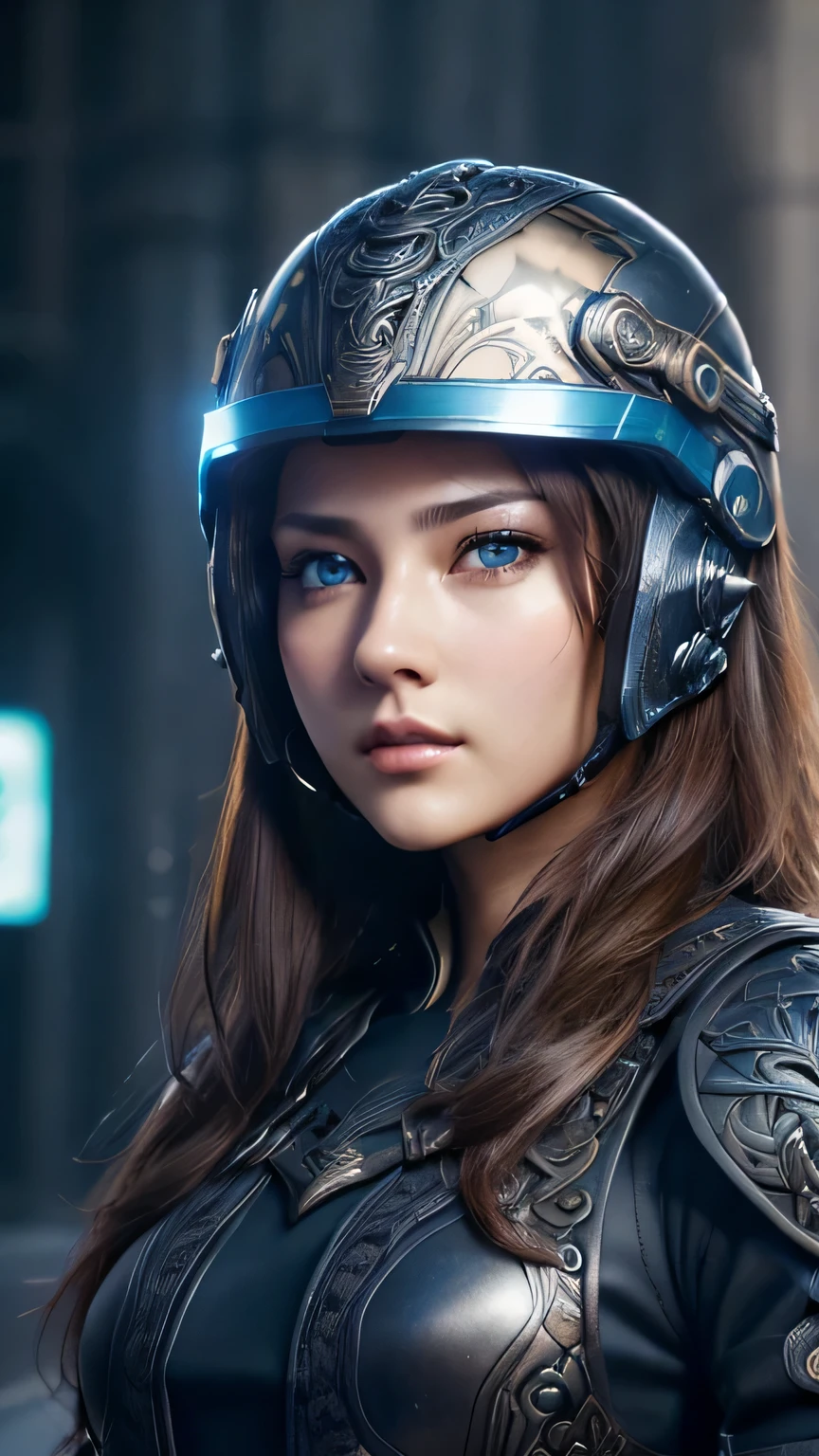 masterpiece, 最high quality, , (alone), 1 girl, look up, dim light, , horizon_(apex legend), goggles, blue eyes, brown hair, gauntlet, armor, (Helmet with intricate design着用), (science_fiction), outdoors, street, neon light, cyber punk, masterpiece, 最high quality, high quality, High resolution, ((close up of face))、(((Helmet with intricate design)))