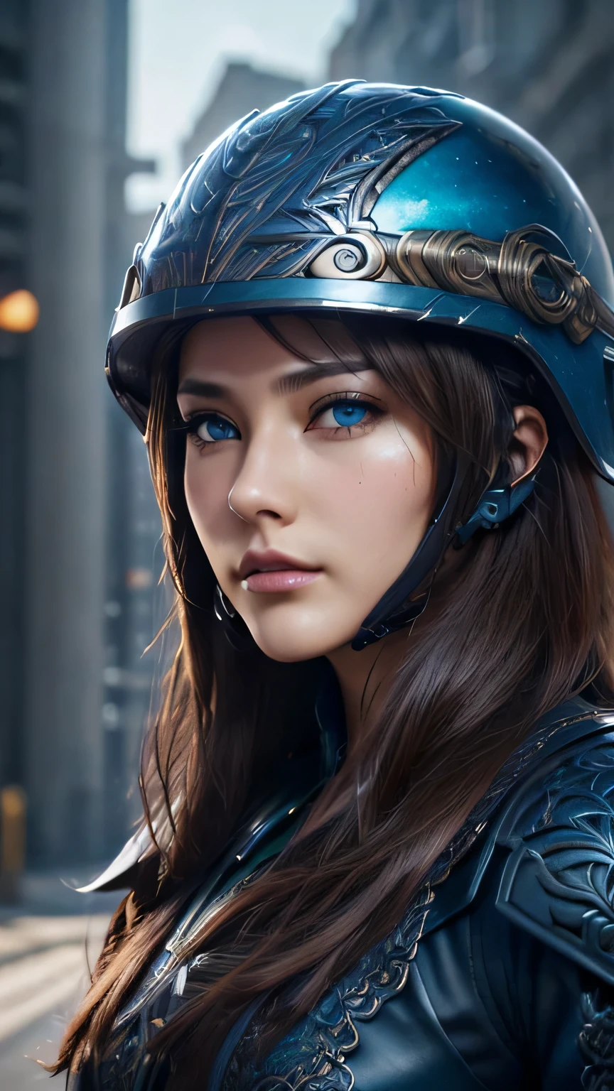 masterpiece,  最high quality, , (alone), 1 girl, look up, dim light, , horizon_(apex legend), goggles, blue eyes, brown hair, gauntlet, armor,  (Helmet with intricate design着用), (science_fiction), outdoors, street, neon light, cyber punk, masterpiece, 最high quality, high quality, High resolution, ((close up of face))､(((Helmet with intricate design)))