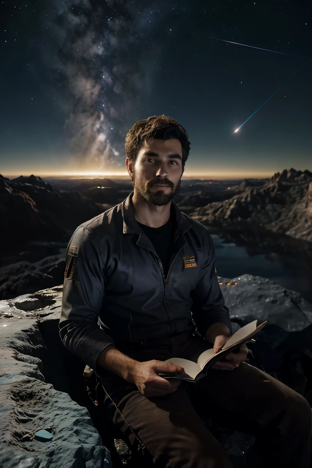 Draw a young programmer, sitting on a research platform floating in the middle of an asteroid belt. He is studying with a notebook, surrounded by several asteroids glowing with fiery auras. Dramatic lighting from distant stars and planets illuminates the scene, casting deep shadows on the suit. The young man looks confident and determined, looking at the vast and mysterious universe with wonder and respect,facial hair, cowboy shot,