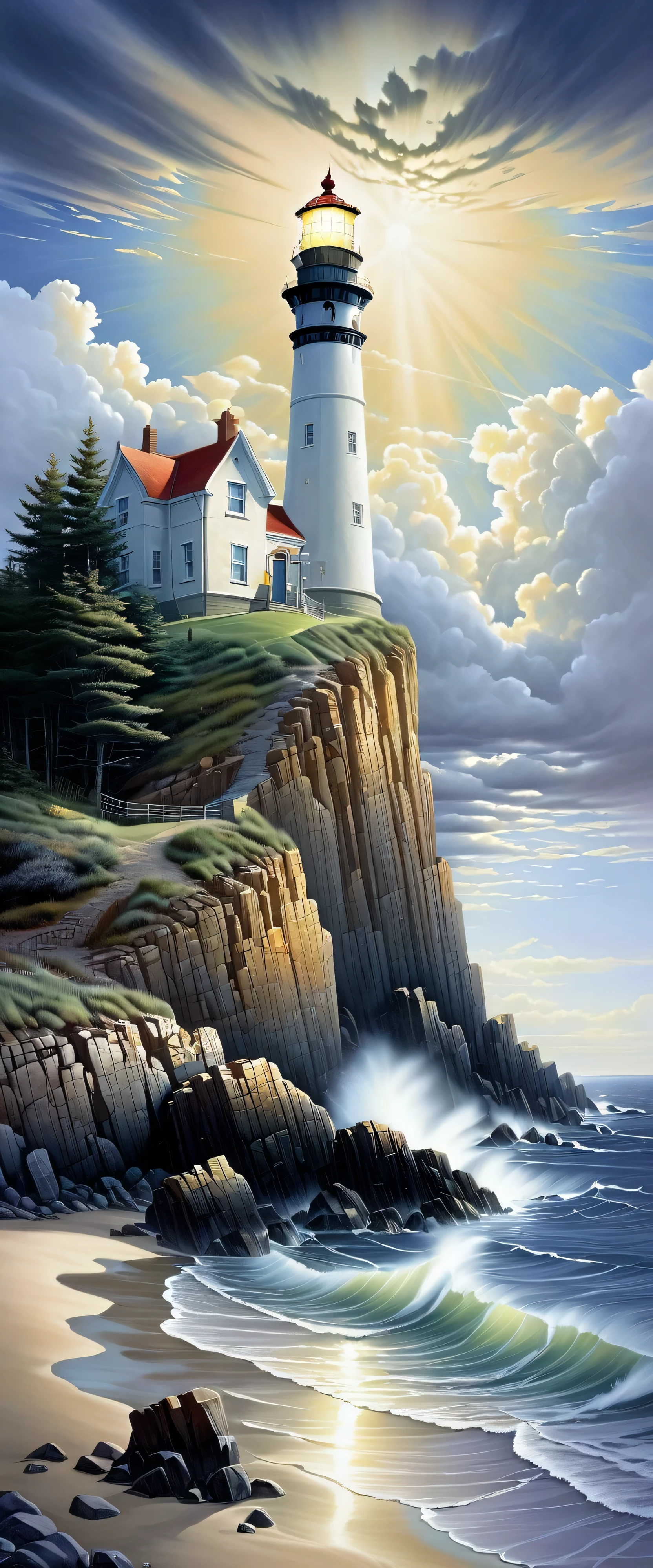 painting of a lighthouse on a rocky shore with a cloudy sky, Laszlo Barlow (Laszlo Barlow) Realistic paintings created, deviation, Surrealism, lighthouse, lighthouse, Rob McNaughton, beautiful painting of tall man, dramatic artwork, lighthouse in the desert, Paintings by John Howe, author：Rainer Horsch, Michael Whelan, right ventricular assist system!!!, dramatic&Quote;