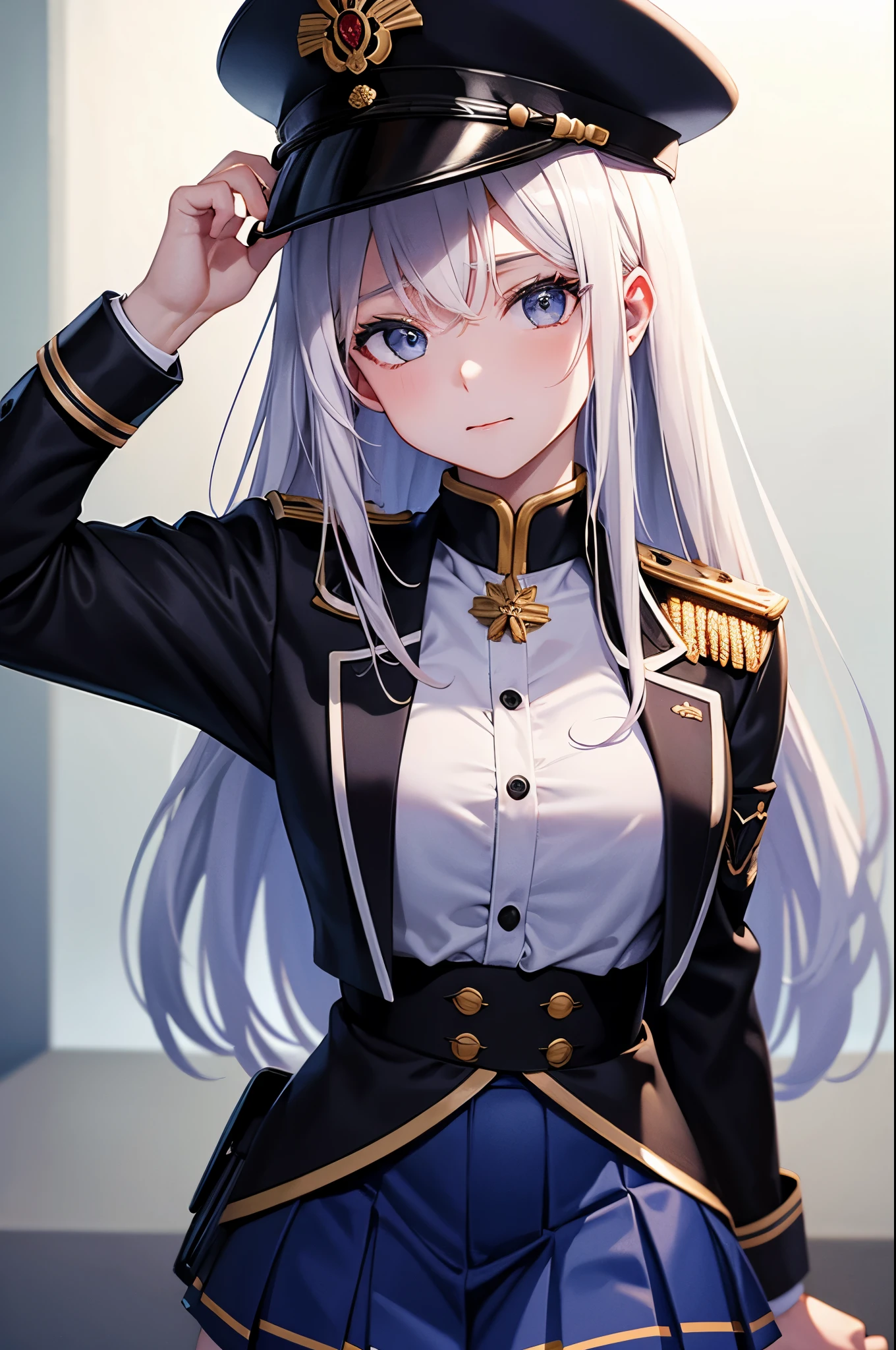  (fisheye:1.1), [face_close_up], ([anime | realistic] style), ((CG)), (Vladilena Milizé:1.2), solo character, (Point the muzzle at the viewer), [sliver|white] long hair, grey eyes, (steely eyes), beautiful eyes, blue headwear, blue jacket, blue skirt, hat, jacket, military, military hat, military uniform, peaked cap, shirt, skirt, uniform, white shirt, white thighhighs, dust in the war ground, , cinematic lighting, ray tracing, (face detail), ,(lens flare:0.8), ((masterpiece)), ((super detail)), (high details), (high quality), best quality, textured skin, accurate