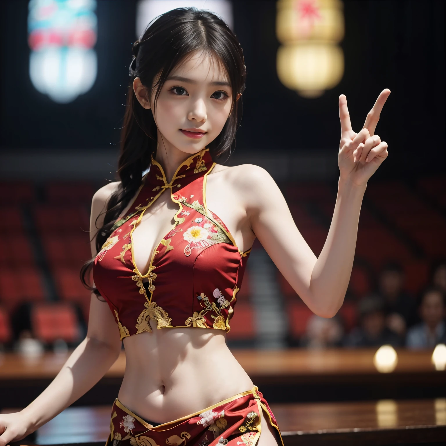 ((masterpiece、highest quality))、shape、Super detailed、8k、realistic、sharp focus、very detailed、professional lighting、colorful details、((unparalleled beauty))、detailed texture、skin moisture、shiny skin、perfect style、 body、Esbian、bow、((precise fingers:1.55))、(Red Chinese dress with beautiful embroidery:1.5)、(Set on a huge and luxurious set)、(on the concert stage)、(dance violently:1.2)、spread your legs and show me your panties、in front of a packed audience、look at the audience、18-year-old、shine、intricate details、Shitsumeka、A woman is in front of the camera、belly button、smile、 