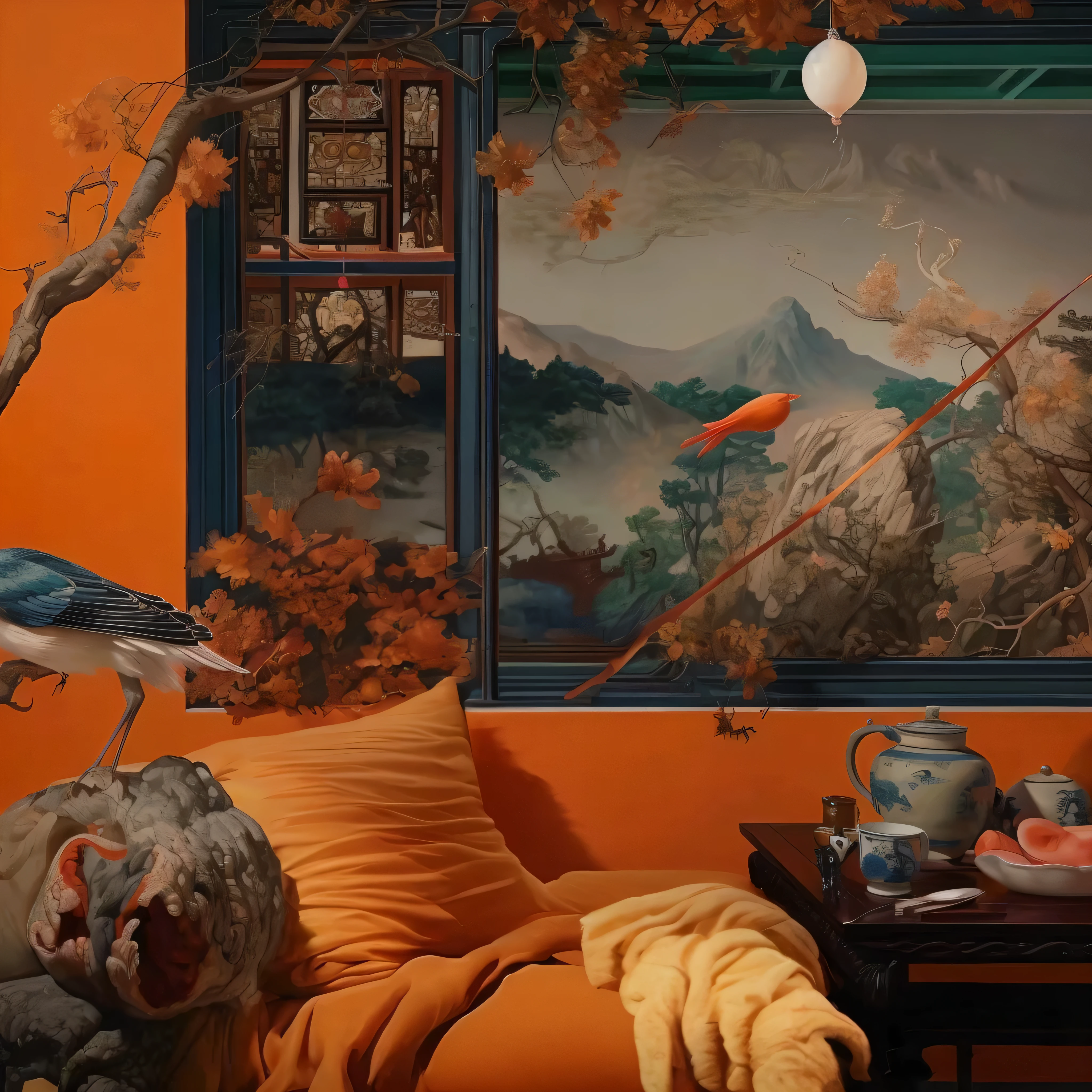 There is a stuffed animal sitting on the sofa in the room, Cold Vitality Orientalism, Surrealist aesthetics, Perfect minimalist composition, Surrealism Surrealism, Inspired by Nicolas Poussin, Beeple and James Jean, Inspired by Georges de Latour, Surrealist aesthetics, colorful surrealism, Ruan Jian, room painting