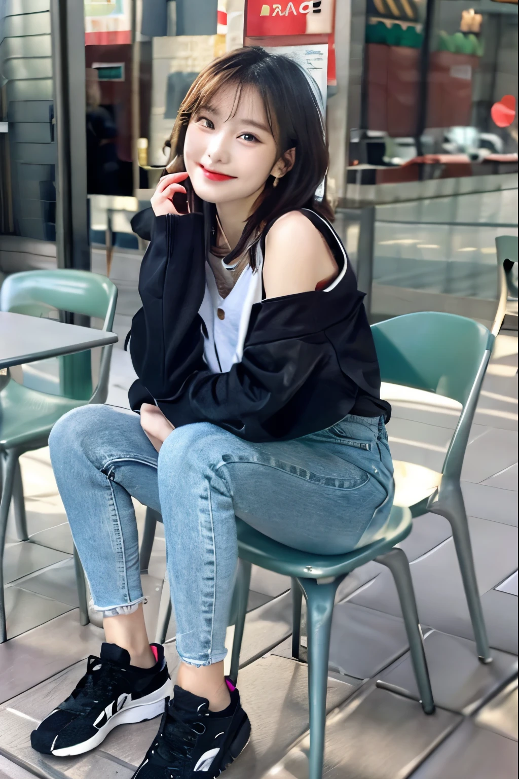 A neat and beautiful woman sitting on a park bench、black hair、hoodie、skinny denim、sneakers、socks slightly visible through shoes、refreshing smile、smiling showing teeth、full body photo