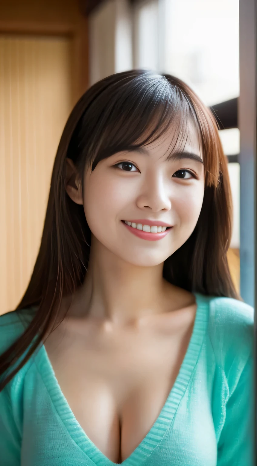 masterpiece,best quality,(Japanese ),((Beautiful girl)),cleavage,indoor,(perfect body beauty:1.2),(shy smile),beautiful teeth,