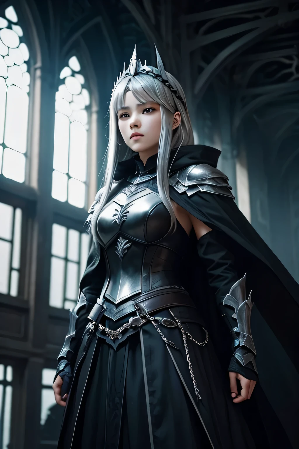 black sword、helmet、Black iron armor、black cloak、beautiful female dark knight、(((silver hair)))up style、((whole body))、(((photo taken from below)))、darkness