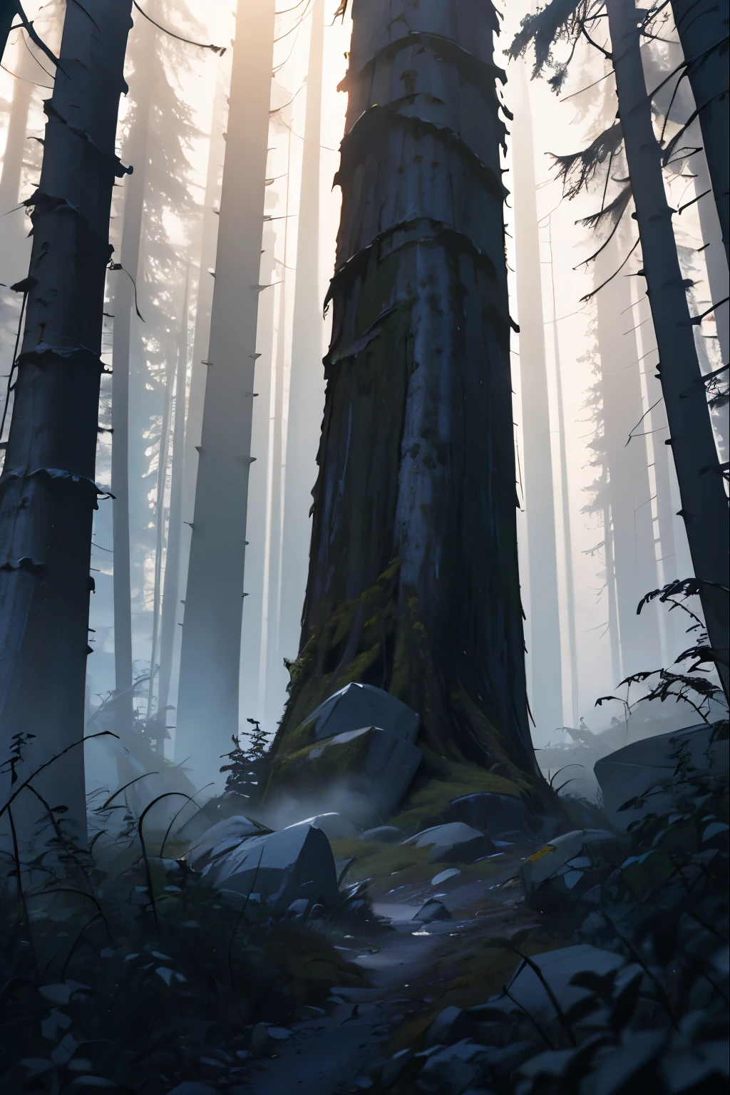 stone with bloody prints,surrounding gloomy spruce forest, light fog, cinematic, dark colours, horror, masterpiece, high detail, 8k