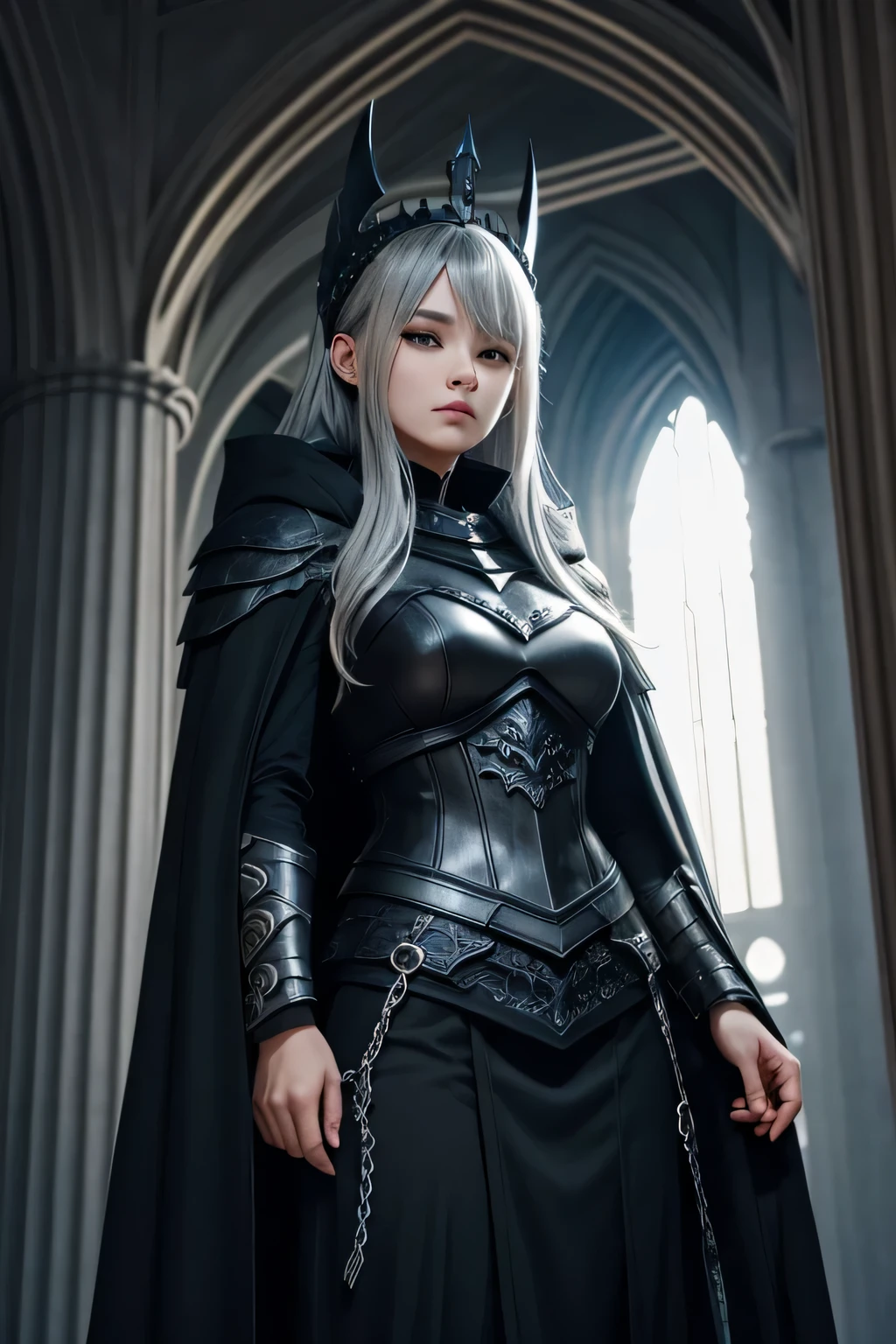 helmet、Black iron armor、black cloak、beautiful female dark knight、(((silver hair)))up style、((whole body))、(((photo taken from below)))、darkness