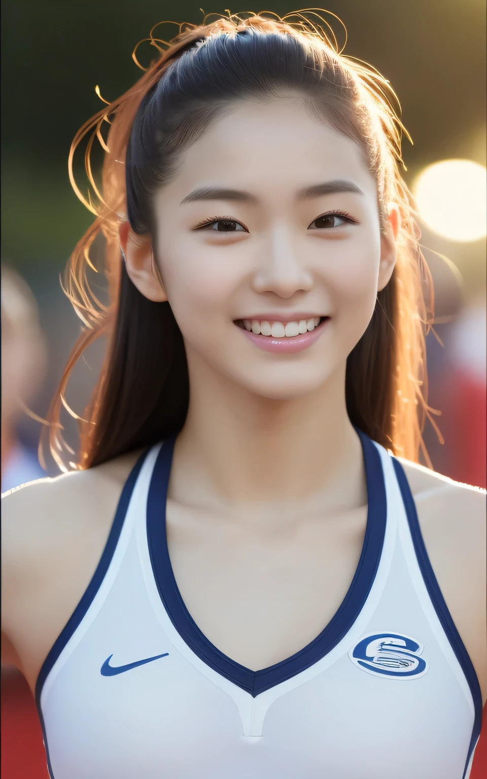 ((top quality、32k、Masterpiece:1.3、ultra high resolution、clear focus)),1 real photography photo, 1 person,korean girl,athlete,seven clones,Hair sides facing up, White skin,Detailed skin details,Detailed skin texture, Light makeup, Bust 32 inches, smile slightly, Track and field uniform, sunset light
