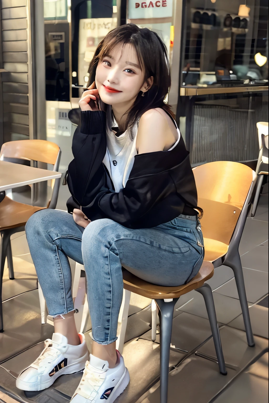 (disorganized, High resolution, super detailed), A neat and beautiful woman sitting on a park bench、black hair、hoodie、skinny denim、sneakers、socks slightly visible through shoes、refreshing smile、smiling showing teeth、full body photo