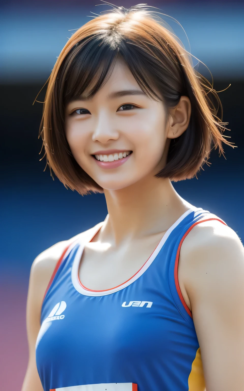 ((top quality、32k、A masterpiece of photography:1.3、ultra high resolution、clear focus))，1 real photography photo, 1 person，korean girl，athlete，seven clones，short hair hairstyle，White skin，Detailed skin details，Detailed skin texture, Light makeup, Bust 32 inches, Super cute，smile slightly, Track and field uniform，at the stadium，sunset light