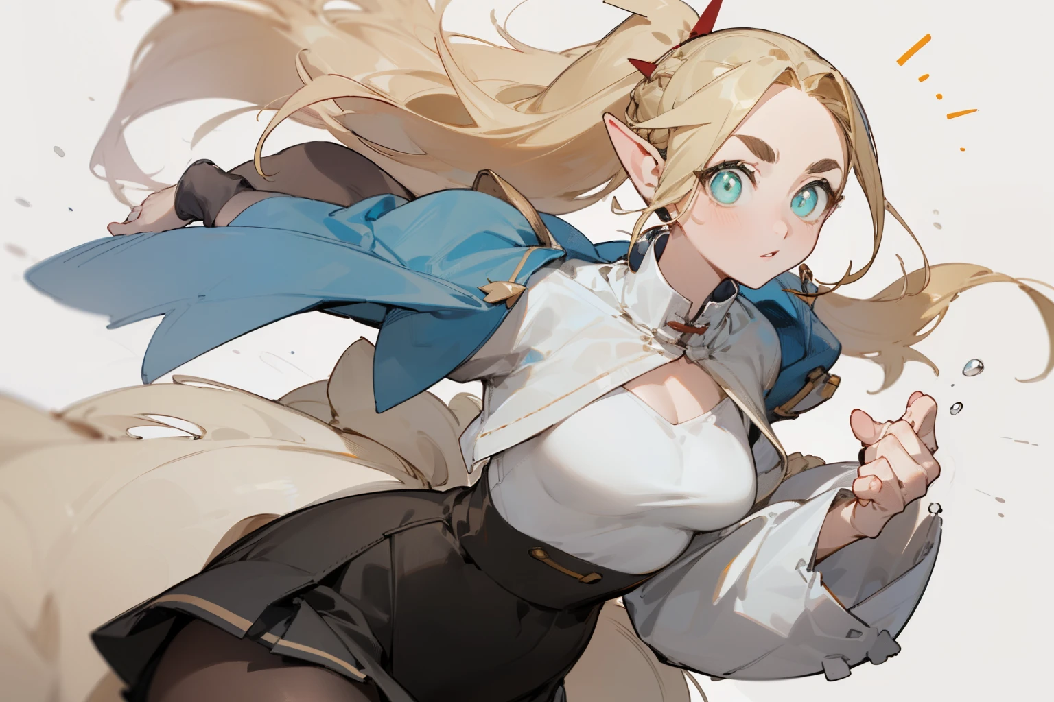(masterpiece, best quality) detailed, Wearing black tights, silver accessories , Blonde ,elegant, Pointed ears ，Chinese element pattern，thigh，漏出thigh，Large Breasts