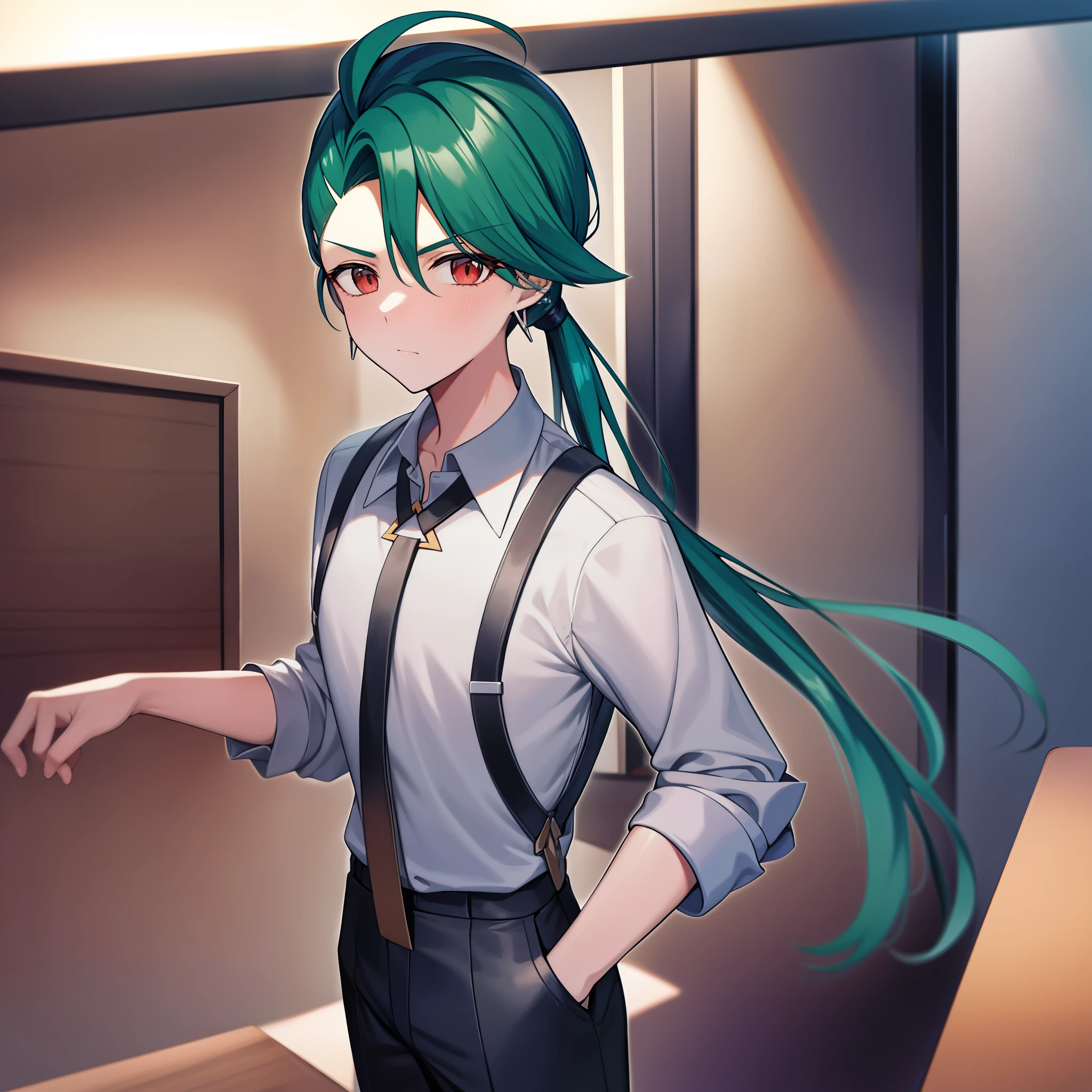 Pokémon、solo、1 person、company、office、Interviewer、Chile、pokemon trainer、じめんタイプのpokemon trainer、tall and slender、He has a handsome face with slanted eyebrows and drooping eyes.、She is characterized by her special two-block green hair with a part of her hair on the right side curved.。Tie the back hair at the nape of the neck and put it in an under ponytail。collared shirt、tie、suspenders、black pants、wear earring suit、Pierced both ears。Because the gray shirt is buttoned on the right side.、Looks like she&#39;s wearing men&#39;s clothes。I usually keep my hands in my pockets and don&#39;t take them out when I walk.。black coat、Interviewerモードの時は黒縁眼鏡をかける。friendly and friendly、Kansai dialect、interview test、「四天王の露払いはこのChileちゃん！」、「I&#39;m so cute with you, so at most... it&#39;s a bummer！」