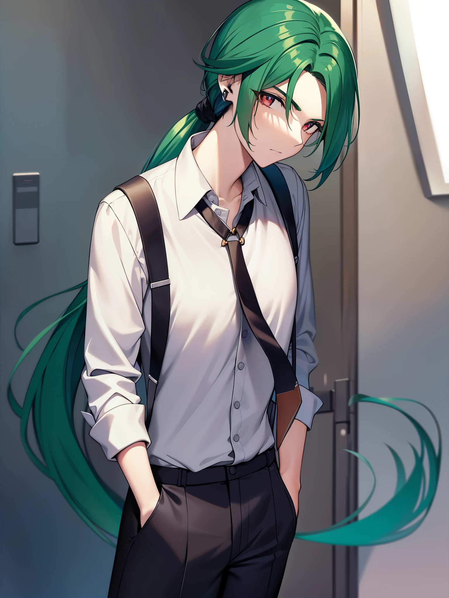 Pokémon、solo、1 person、big tits milf、big tits milf、big tits milf、company、office、Interviewer、Chile、pokemon trainer、じめんタイプのpokemon trainer、tall and slender、He has a handsome face with slanted eyebrows and drooping eyes.、She is characterized by her special two-block green hair with a part of her hair on the right side curved.。Tie the back hair at the nape of the neck and put it in an under ponytail。collared shirt、tie、suspenders、black pants、wear earring suit、Pierced both ears。Because the gray shirt is buttoned on the right side.、Looks like she's wearing men's clothes。I usually keep my hands in my pockets and don't take them out when I walk.。black coat、Interviewerモードの時は黒縁眼鏡をかける。friendly and friendly、Kansai dialect、interview test、「四天王の露払いはこのChileちゃん!」、「I'm so cute with you, so at most... it's a bummer!」