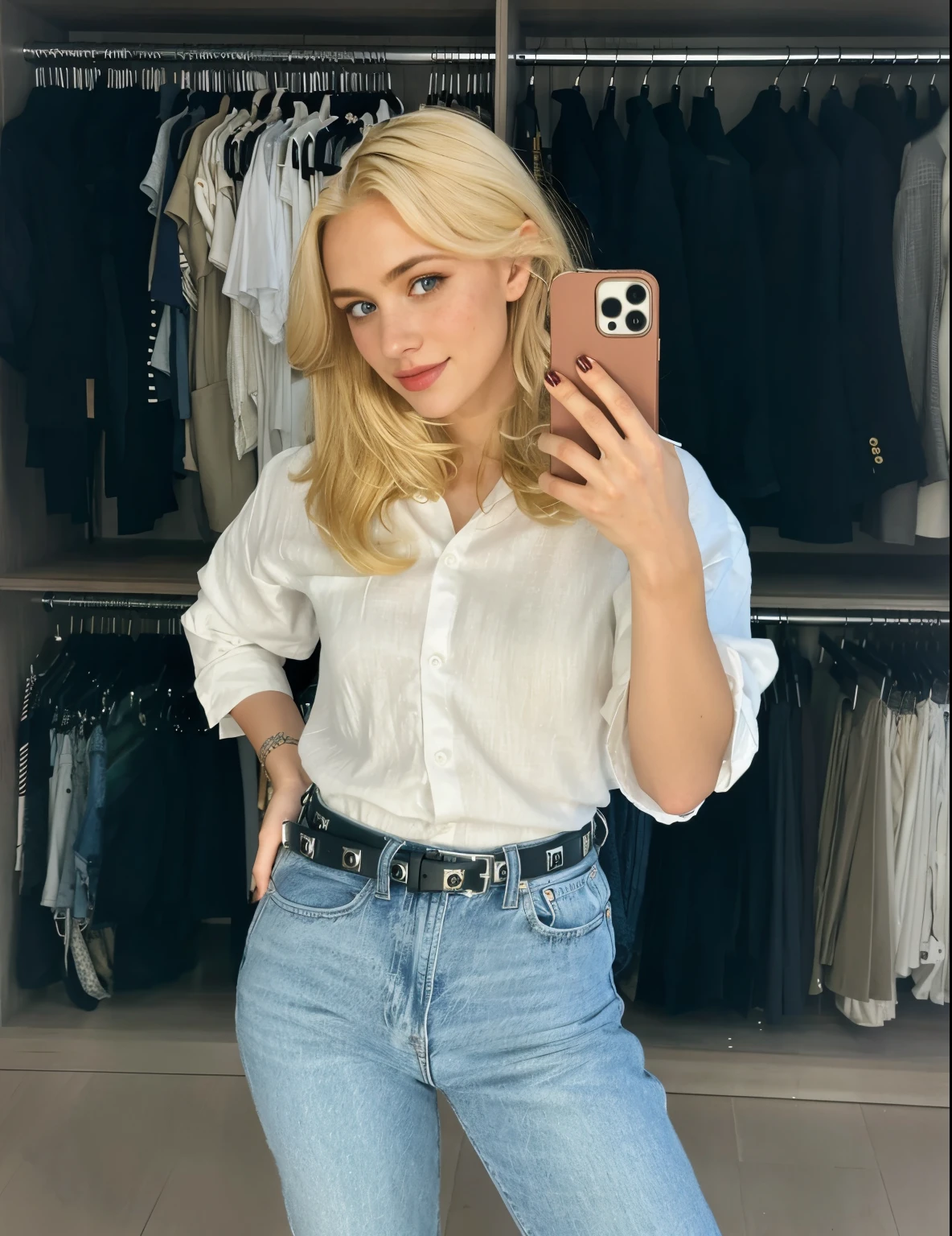 mulher, americana, 25 anos, pale skin and freckles, olhos cinzas, nariz delicado, soft and delicate lips, longo, cabelo blondie longo e ondulado na altura da cintura, sorriso meigo,
