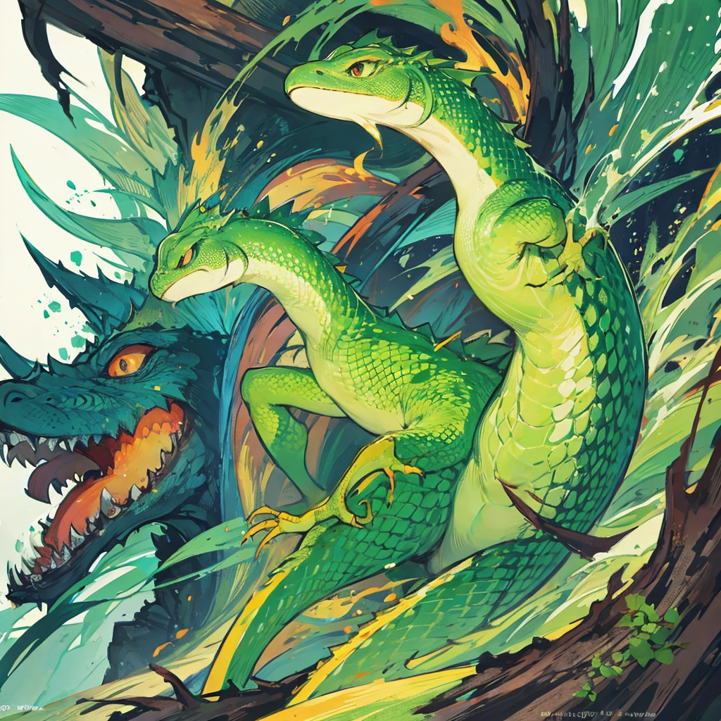 anthropomorphic lizard, dnd character, character sketch, green, illustration in the style of Japanese prints, combining watercolor and vector graphics, digital art, detailed design, ultra quality